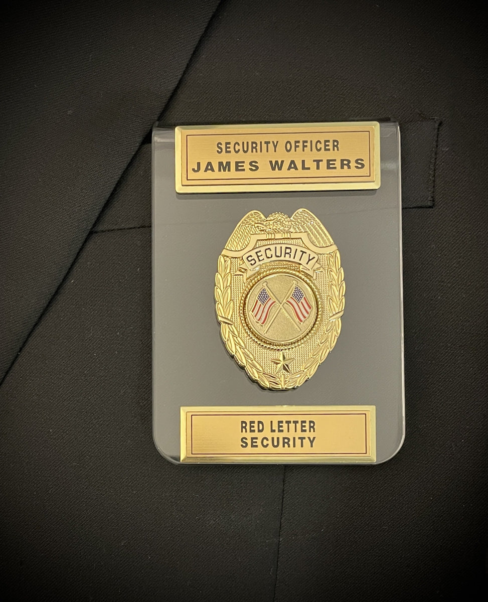 Security Badge Standard Shield (Acrylic Holder), Flat Style Plastic with Push Pins / Gold - Chaplain Badge