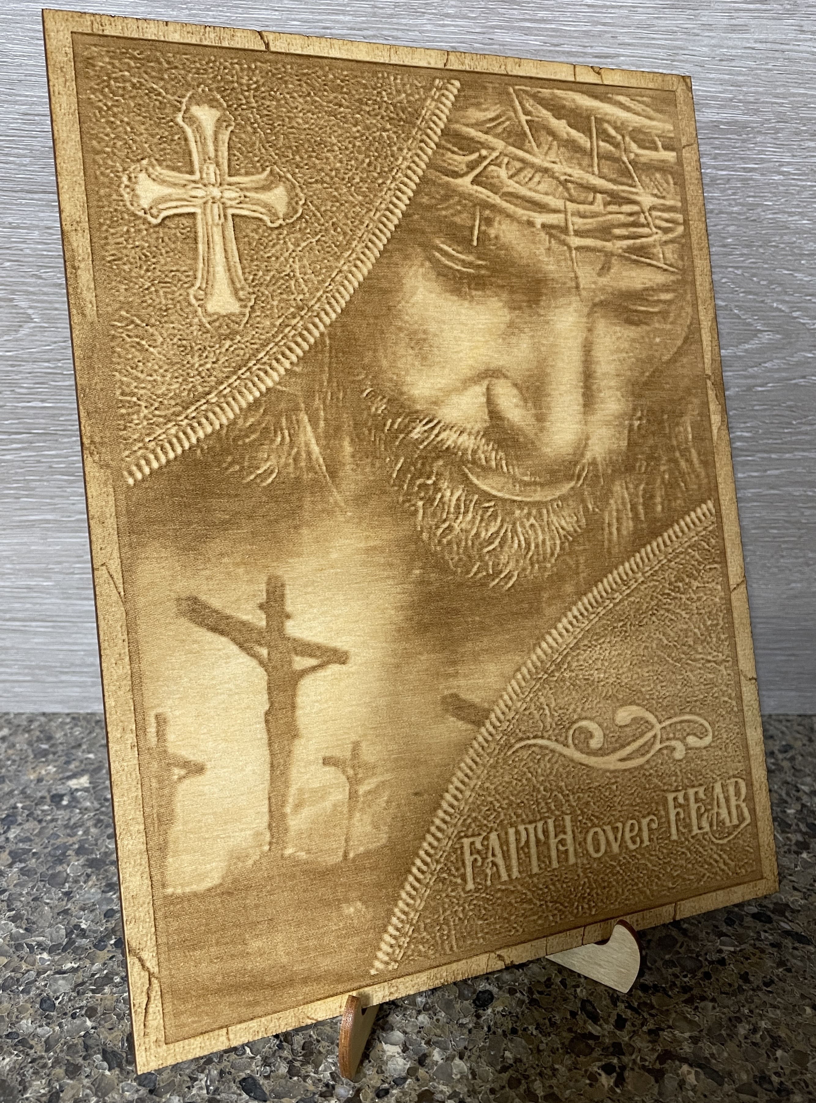 Jesus Faith over Fear Wood Engraving