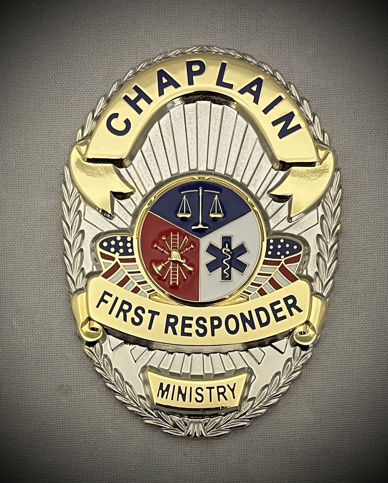 Chaplain First Responder Badge with (Black or Brown) leather belt clip holder