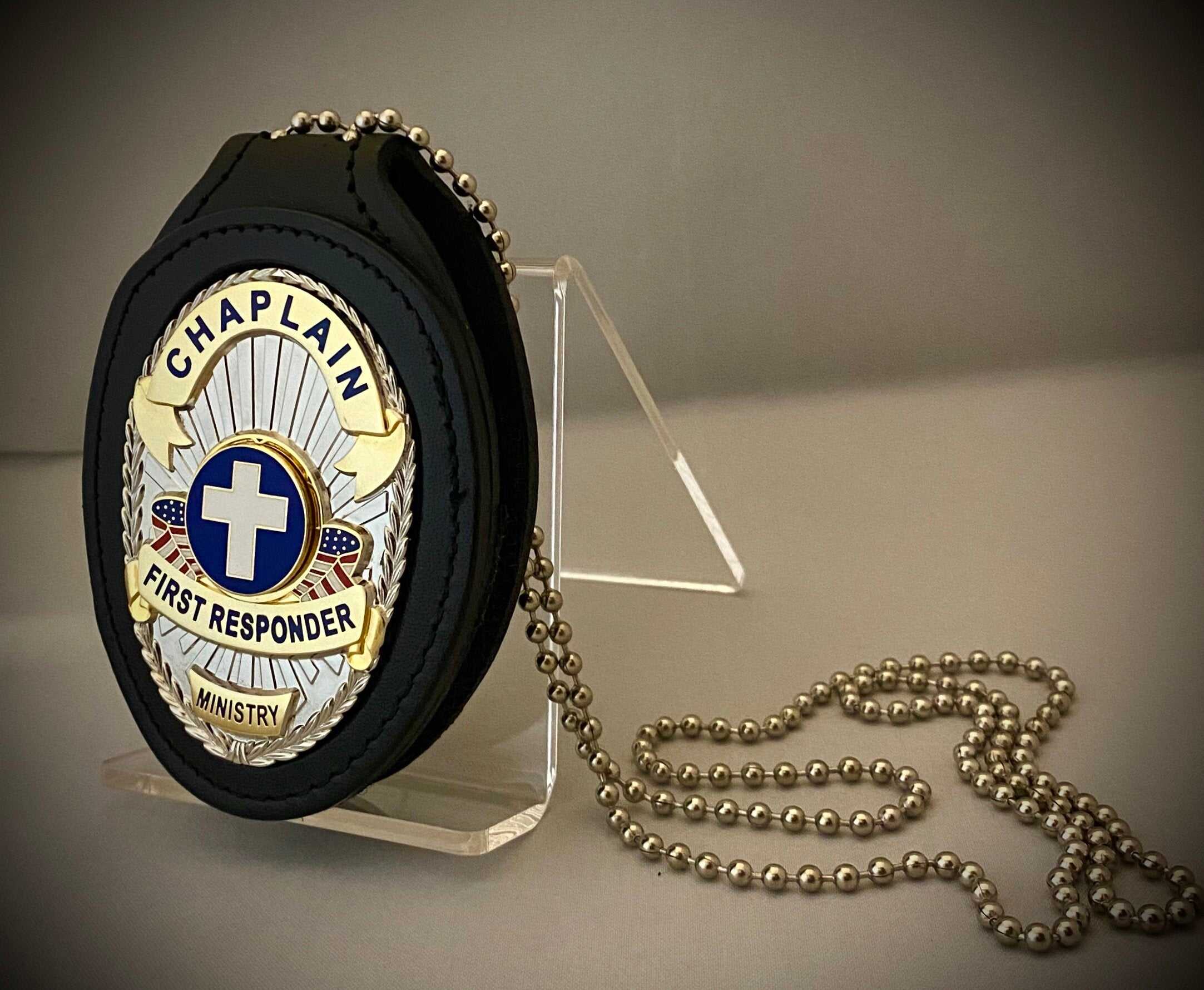 Chaplain First Responder Badge with (Black or Brown) leather belt clip holder