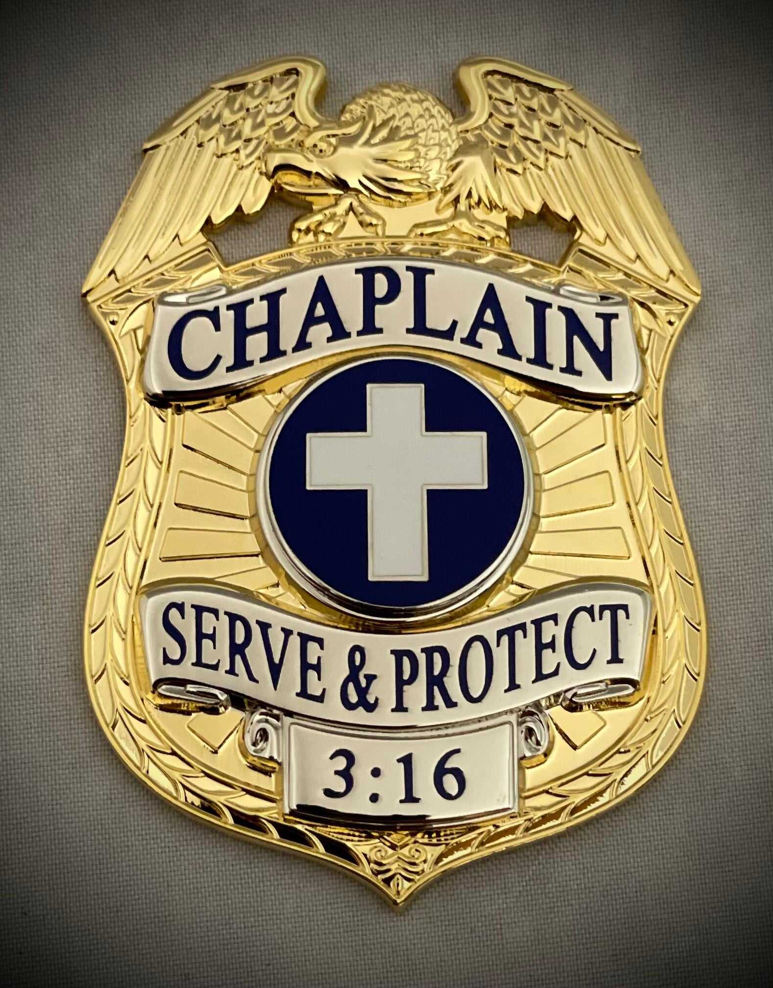 Chaplain Serve and Protect Gold Two-Tone Badge and 2 Nameplates leather ID holder