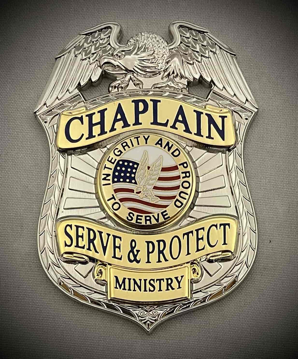 Chaplain Serve and Protect Gold Two-Tone Badge and 2 Nameplates