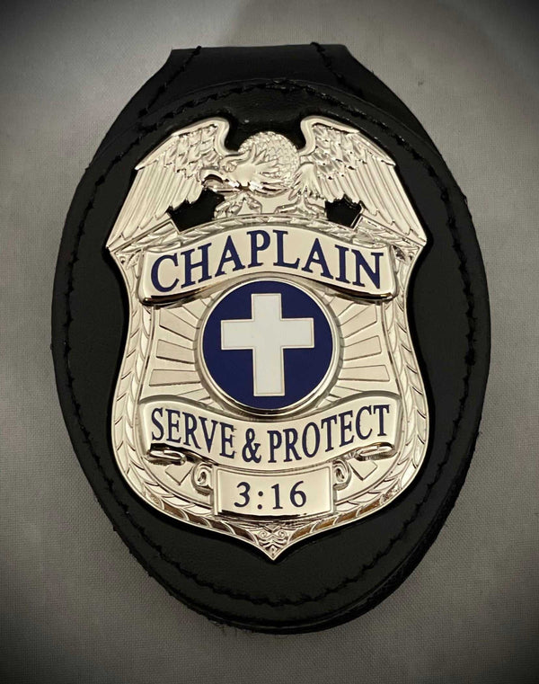 Chaplain Serve and Protect Silver Badge with Black leather belt clip holder