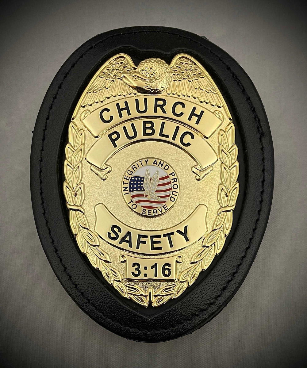 Church Public Safety Badge with leather belt clip holder (Gold or