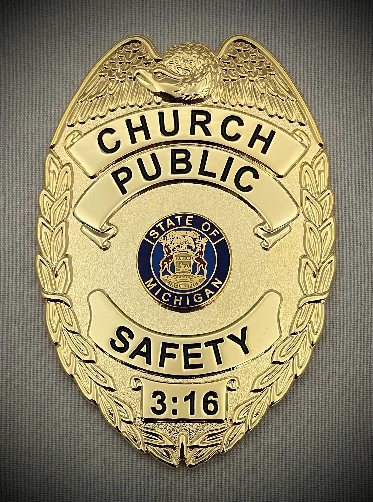 Church Public Safety Badge with leather belt clip holder (Gold or Silver)