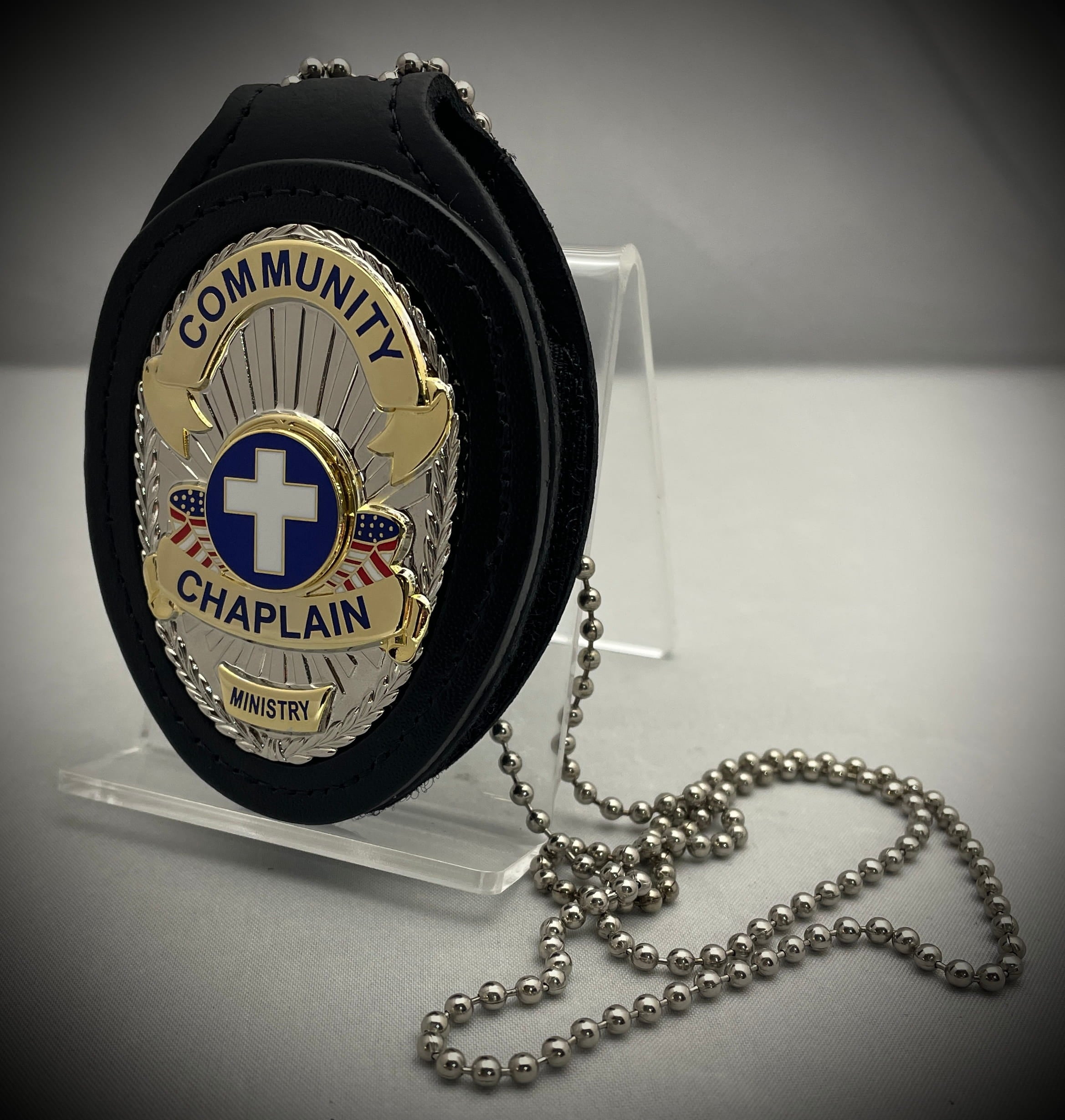 Community Chaplain Badge with (Black or Brown) leather belt clip holde