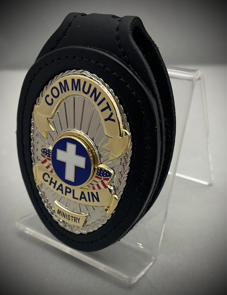 Community Chaplain Badge with (Black or Brown) leather belt clip holde