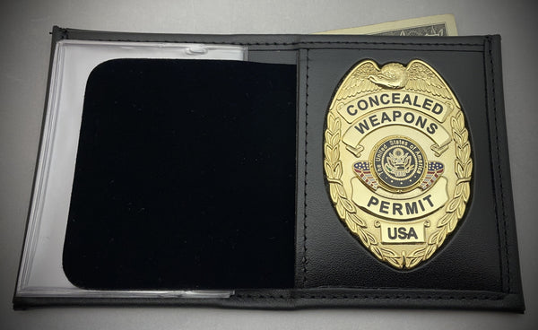 Concealed Weapons Permit Badge with Center Flags and Bifold Wallet with Single ID