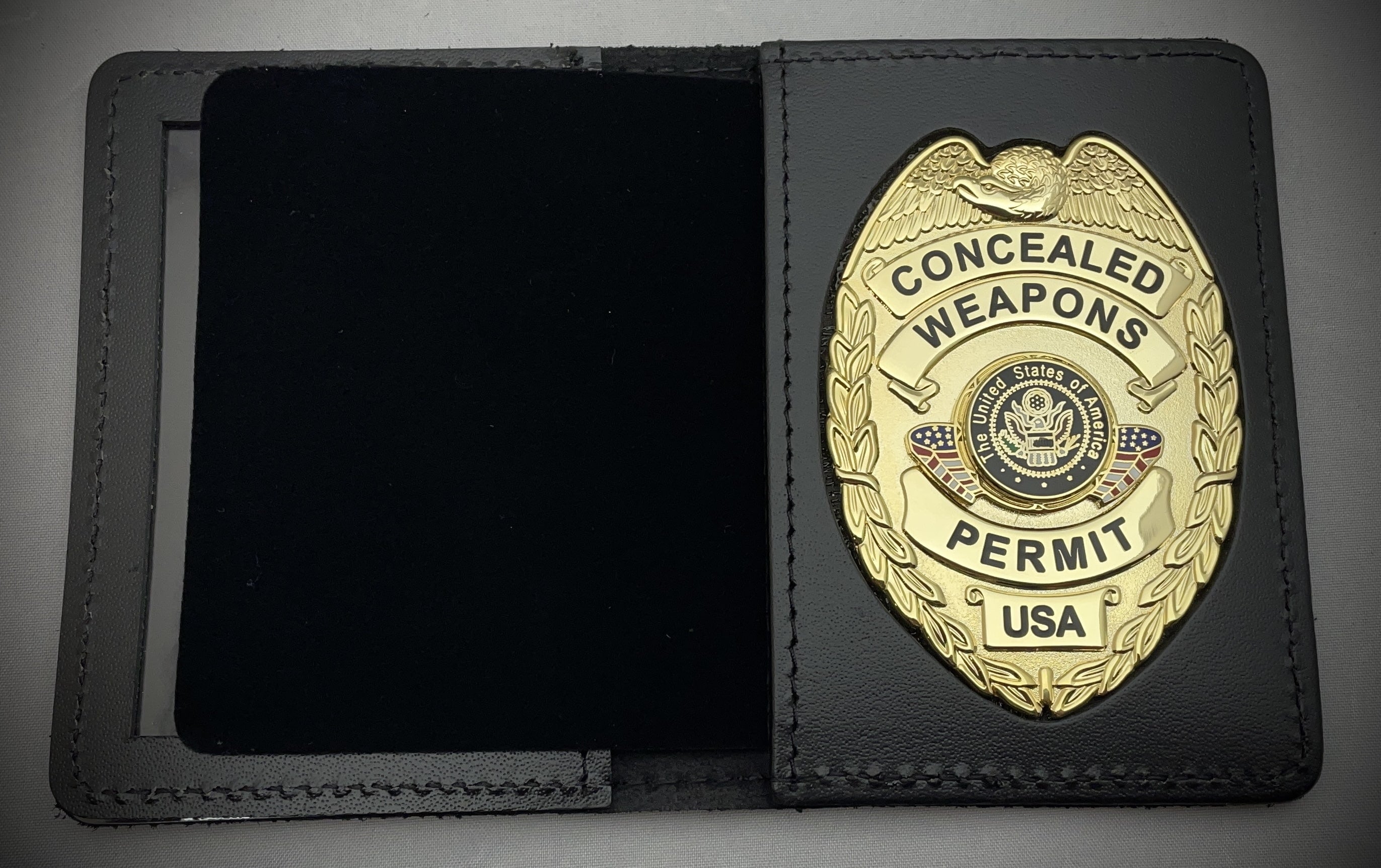 Concealed Weapons Permit Badge with Center Flags and Leather ID Holder (Gold or Silver)