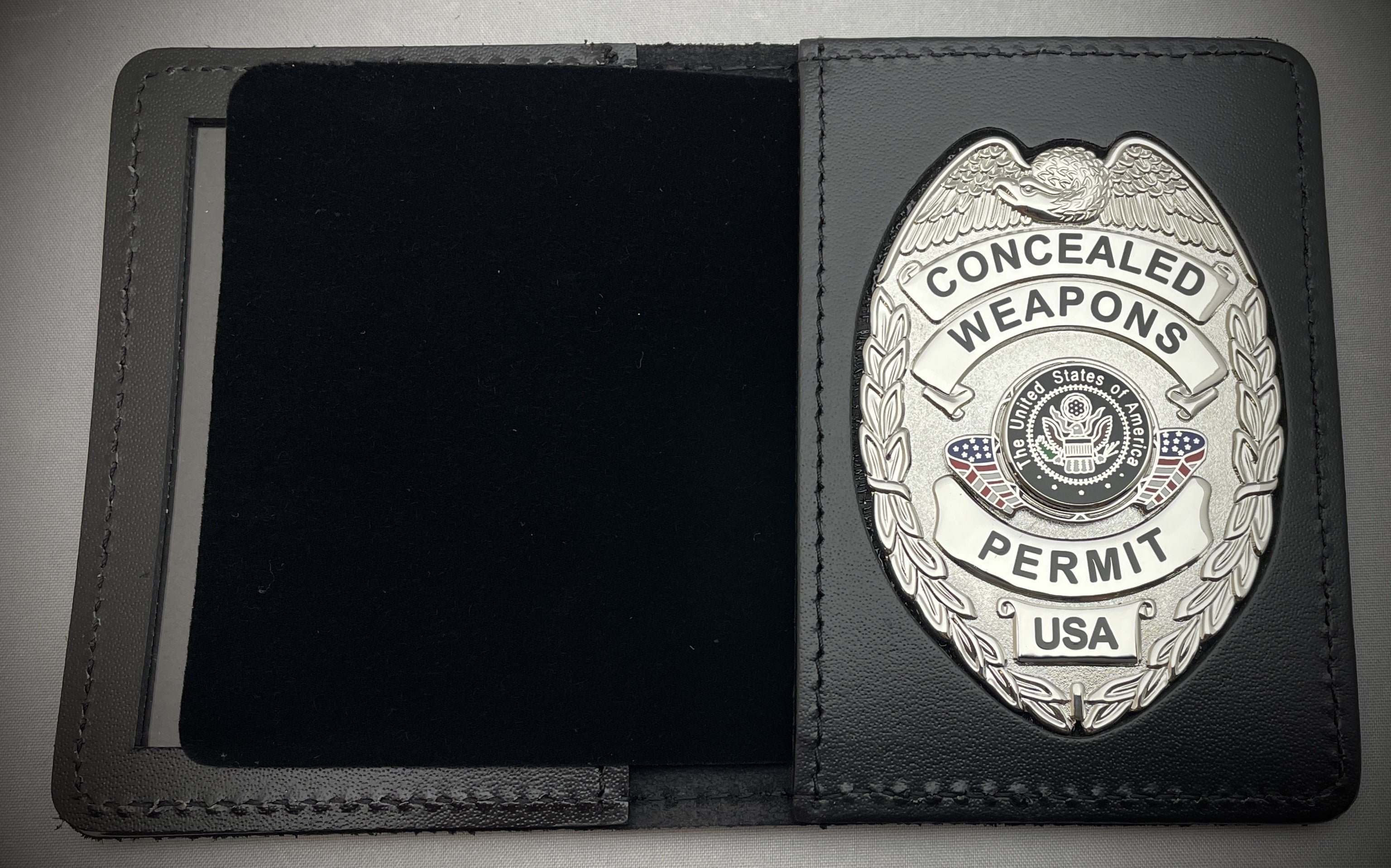 Concealed Weapons Permit Badge with Center Flags and Leather ID Holder (Gold or Silver)