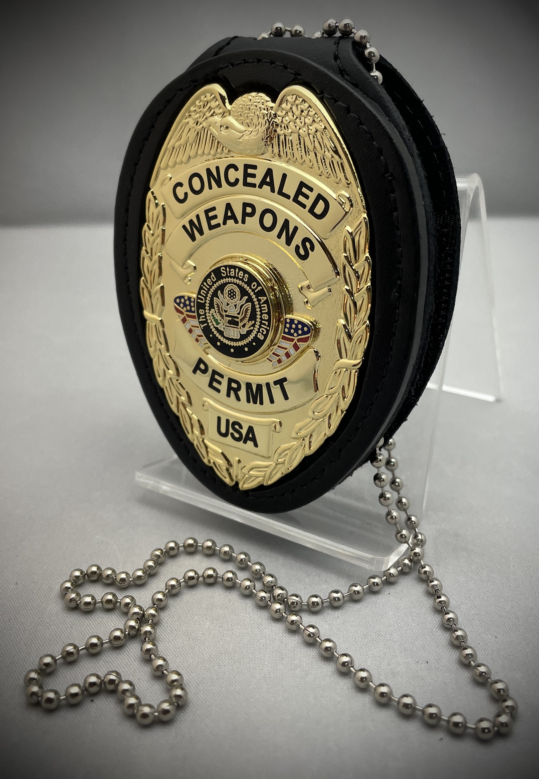 Concealed Weapons Permit Badge with center flags and leather belt clip holder (Gold or Silver)