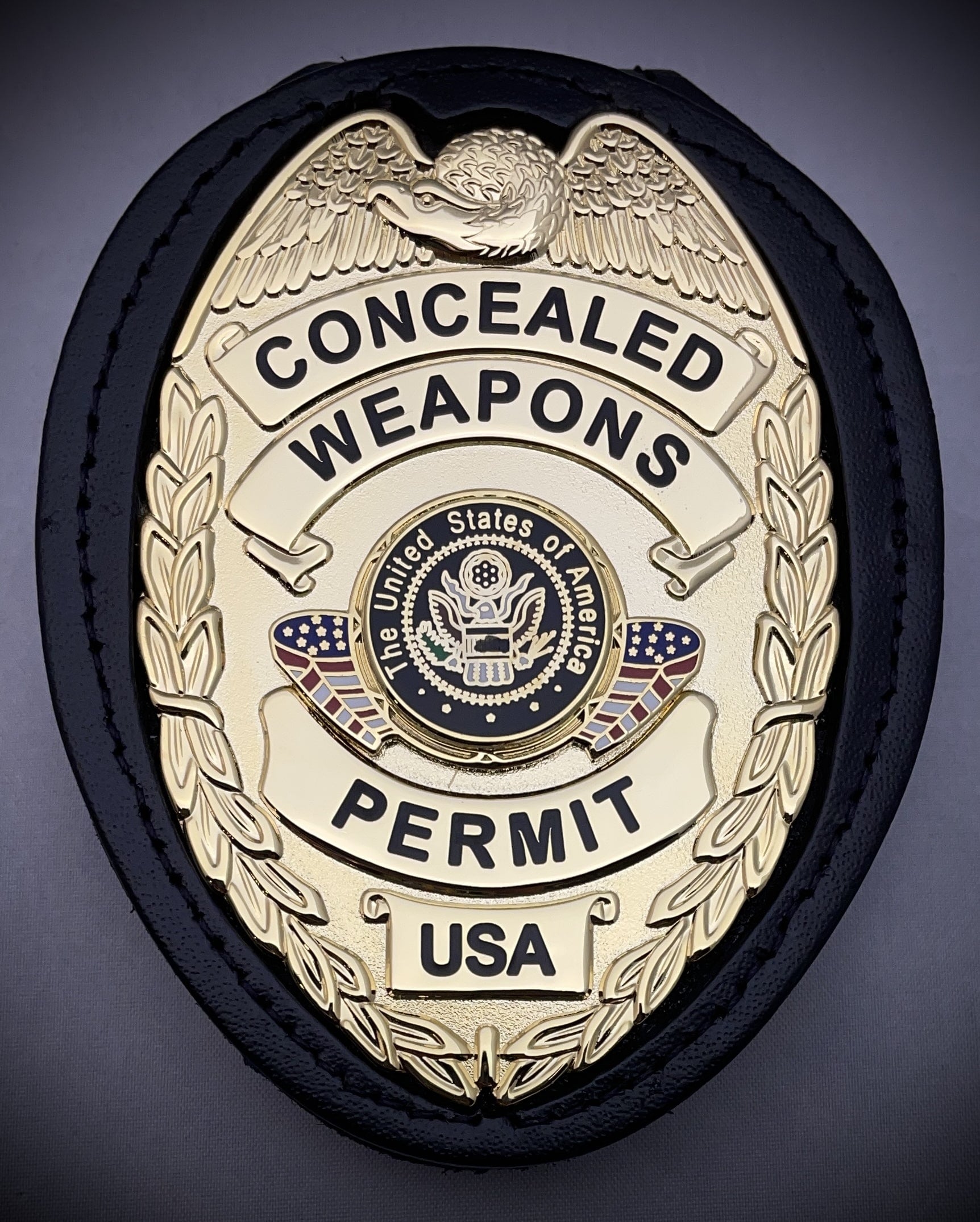 Concealed Weapons Permit Badge with center flags and leather belt clip holder (Gold or Silver)