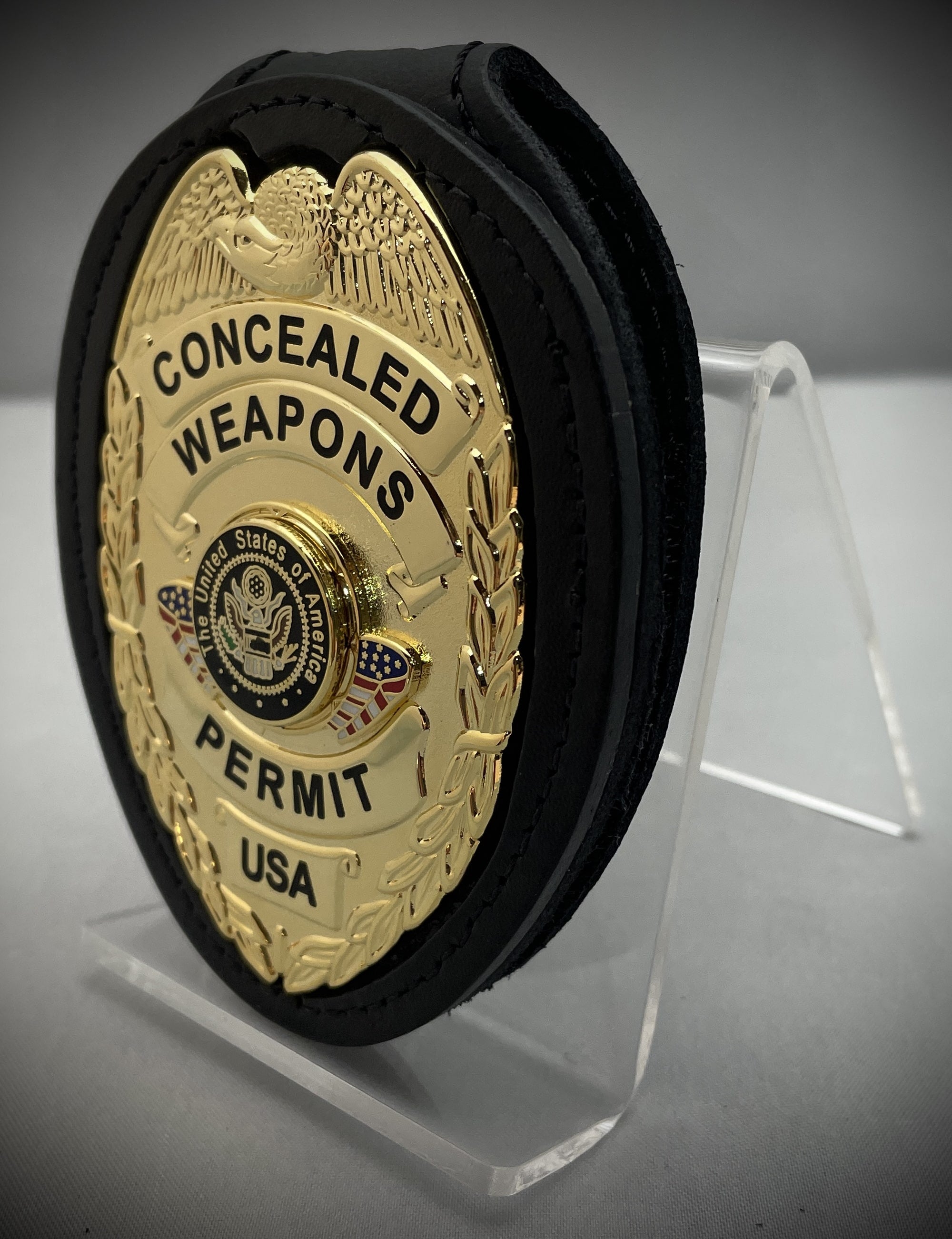 Concealed Weapons Permit Badge with center flags and leather belt clip holder (Gold or Silver)