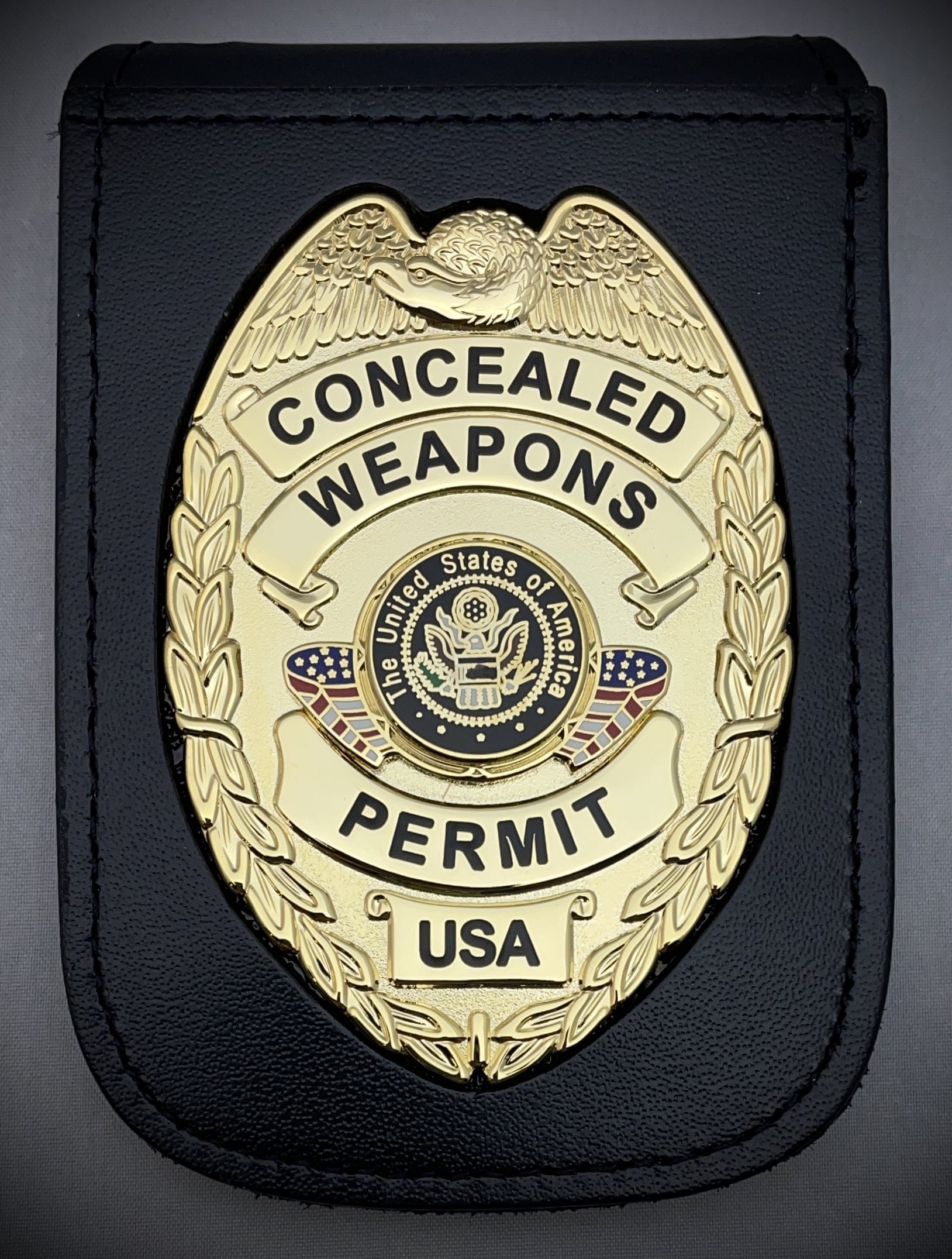 Concealed Weapons Permit Badge with Center Flags and Magnetic ID Neck Holder (Gold or Silver)