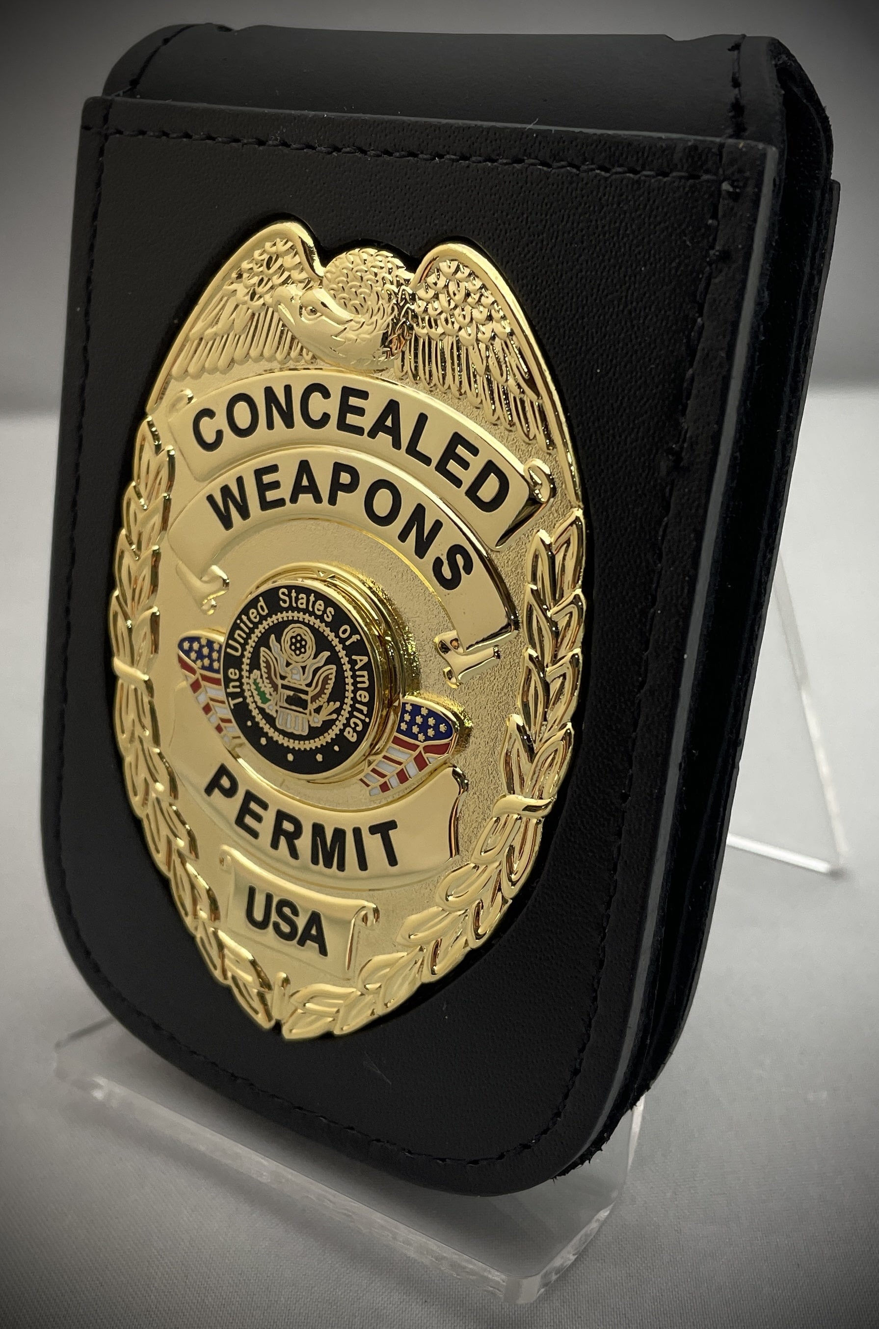 Concealed Weapons Permit Badge with Center Flags and Magnetic ID Neck Holder (Gold or Silver)