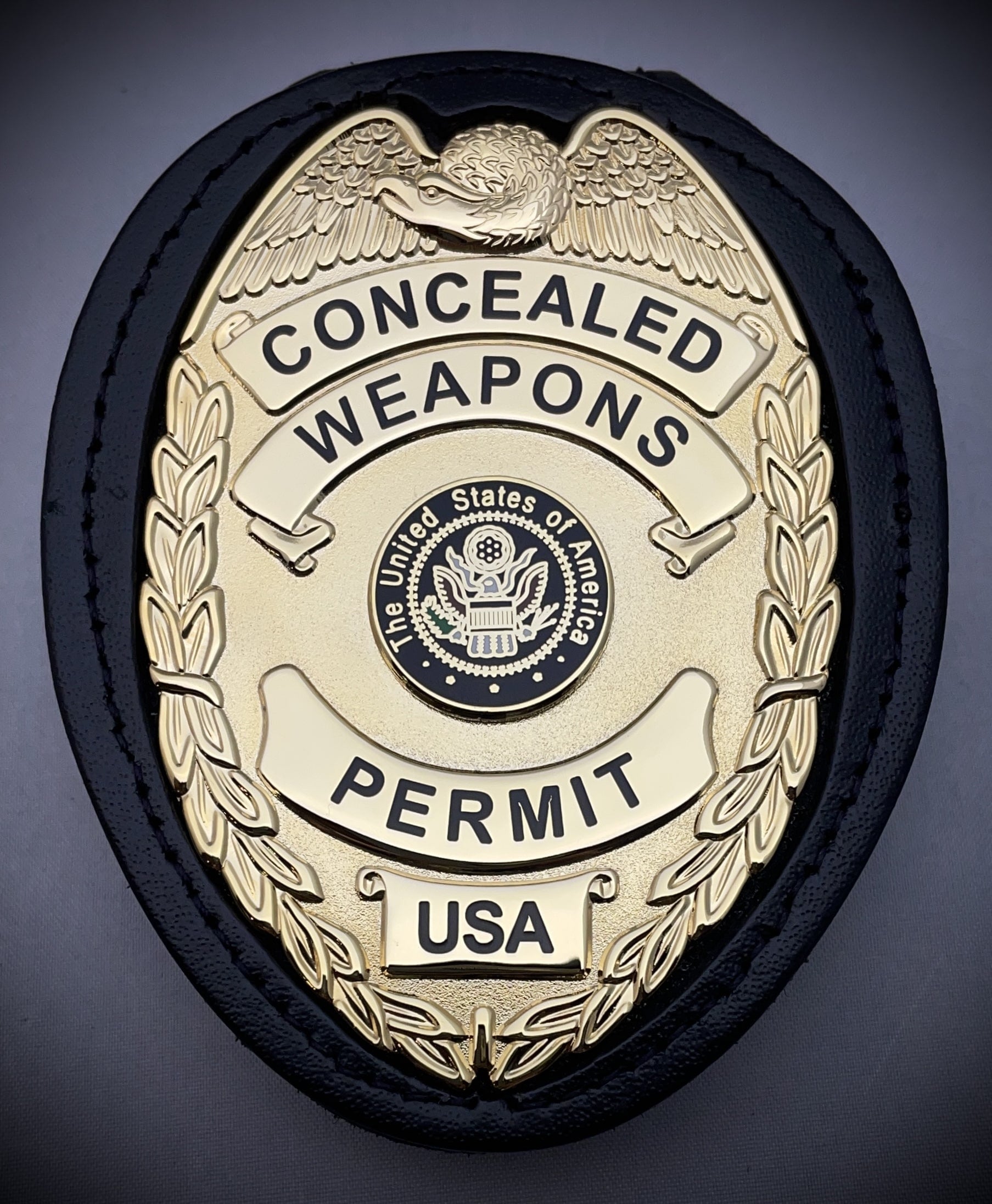 Concealed Weapons Permit Badge with leather belt clip holder (Gold or Silver)