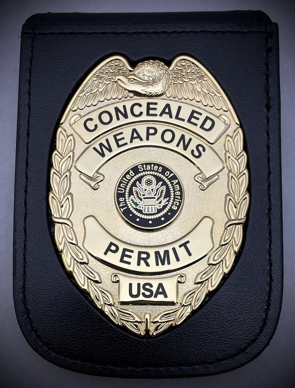 Concealed Weapons Permit Badge with Magnetic ID Neck Holder (Gold or Silver)