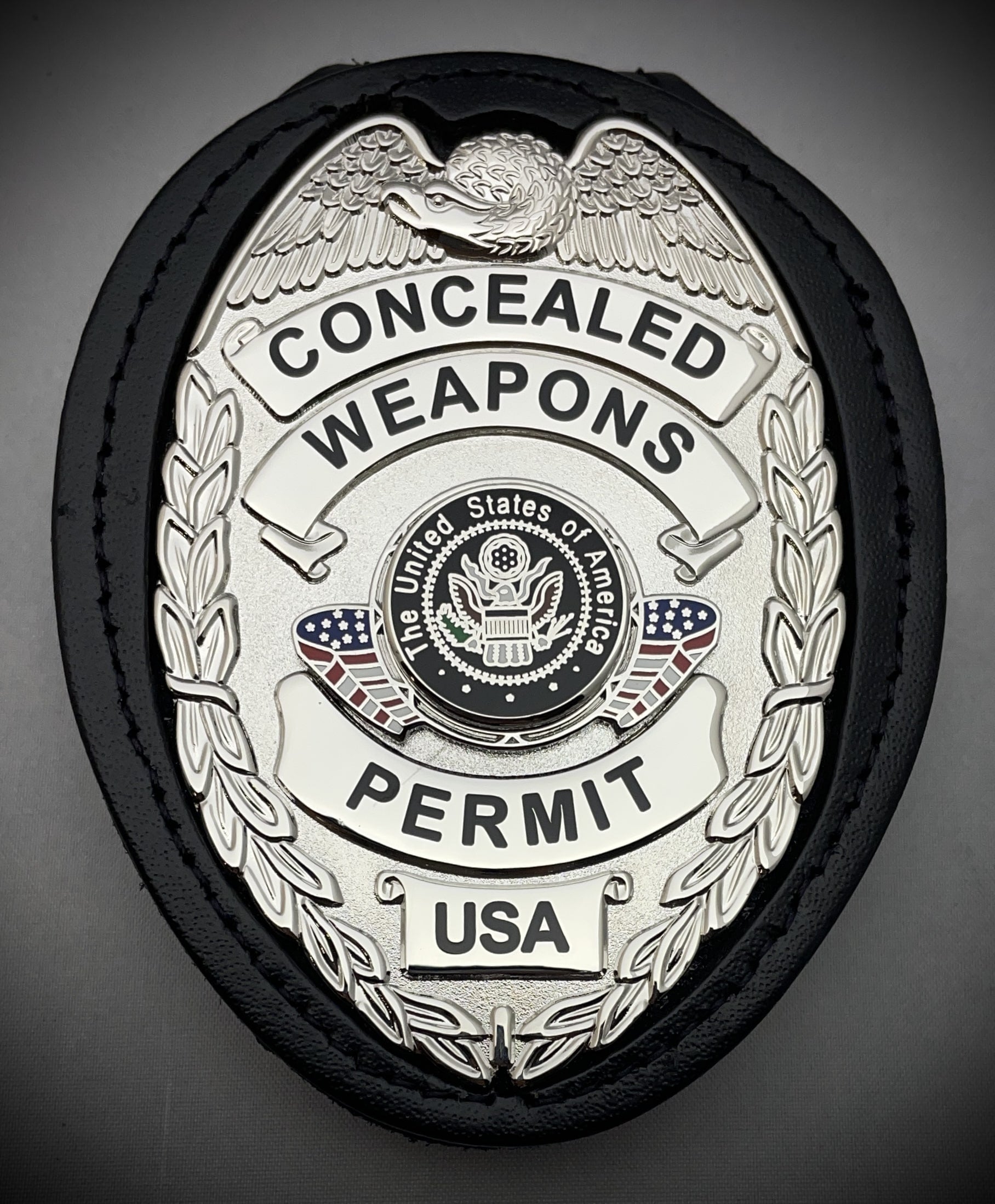 Concealed Weapons Permit Badge with center flags and leather belt clip holder (Gold or Silver)