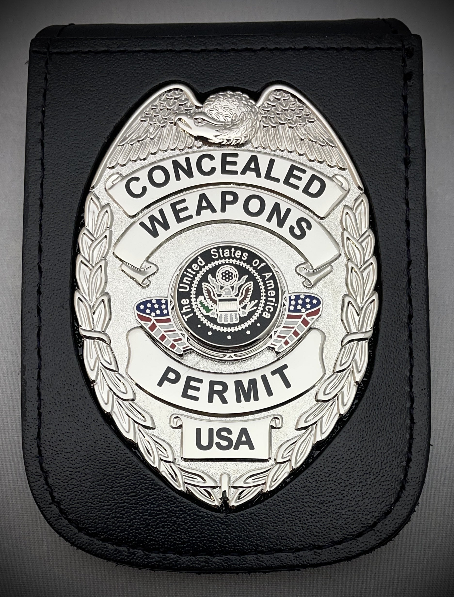 Concealed Weapons Permit Badge with Center Flags and Magnetic ID Neck Holder (Gold or Silver)