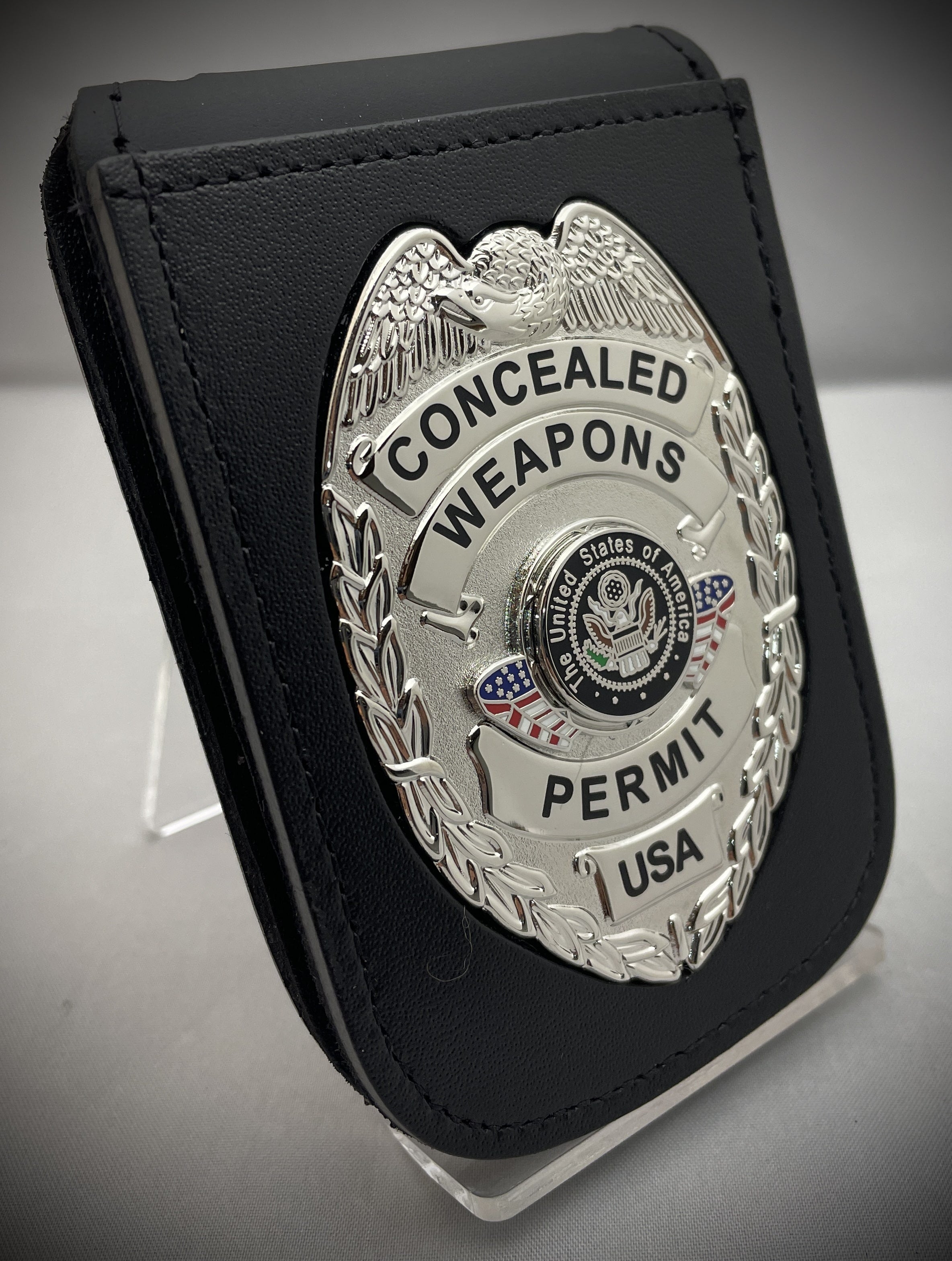 Concealed Weapons Permit Badge with Center Flags and Magnetic ID Neck Holder (Gold or Silver)