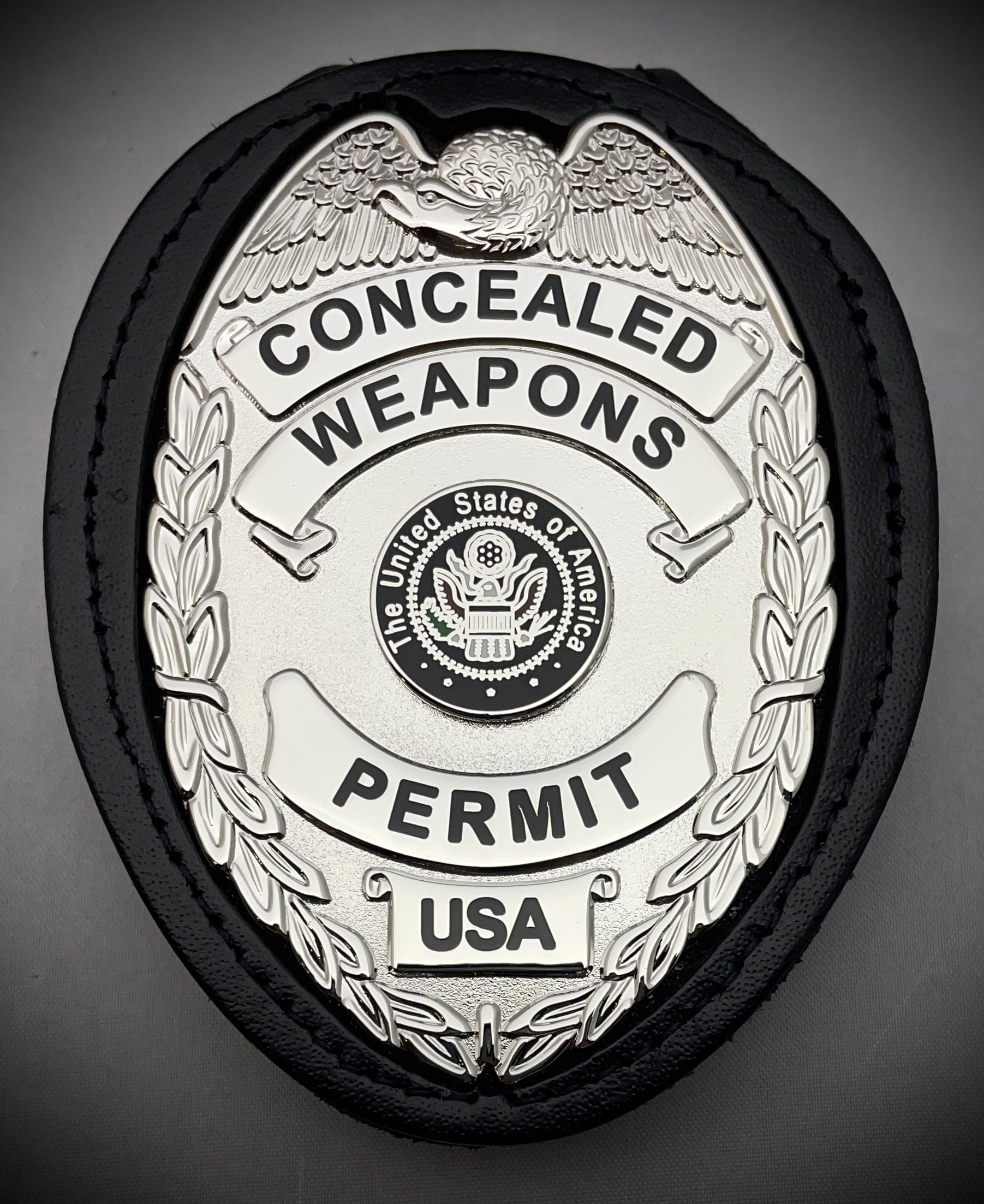 Concealed Weapons Permit Badge with leather belt clip holder (Gold or Silver)