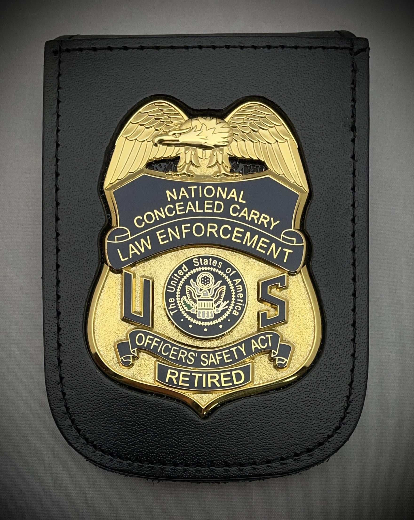 National Concealed Carry Law Enforcement Badge with leather magnetic ID neck holder