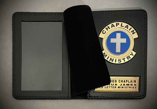 Chaplain Ministry emblem and nameplate with leather ID holder
