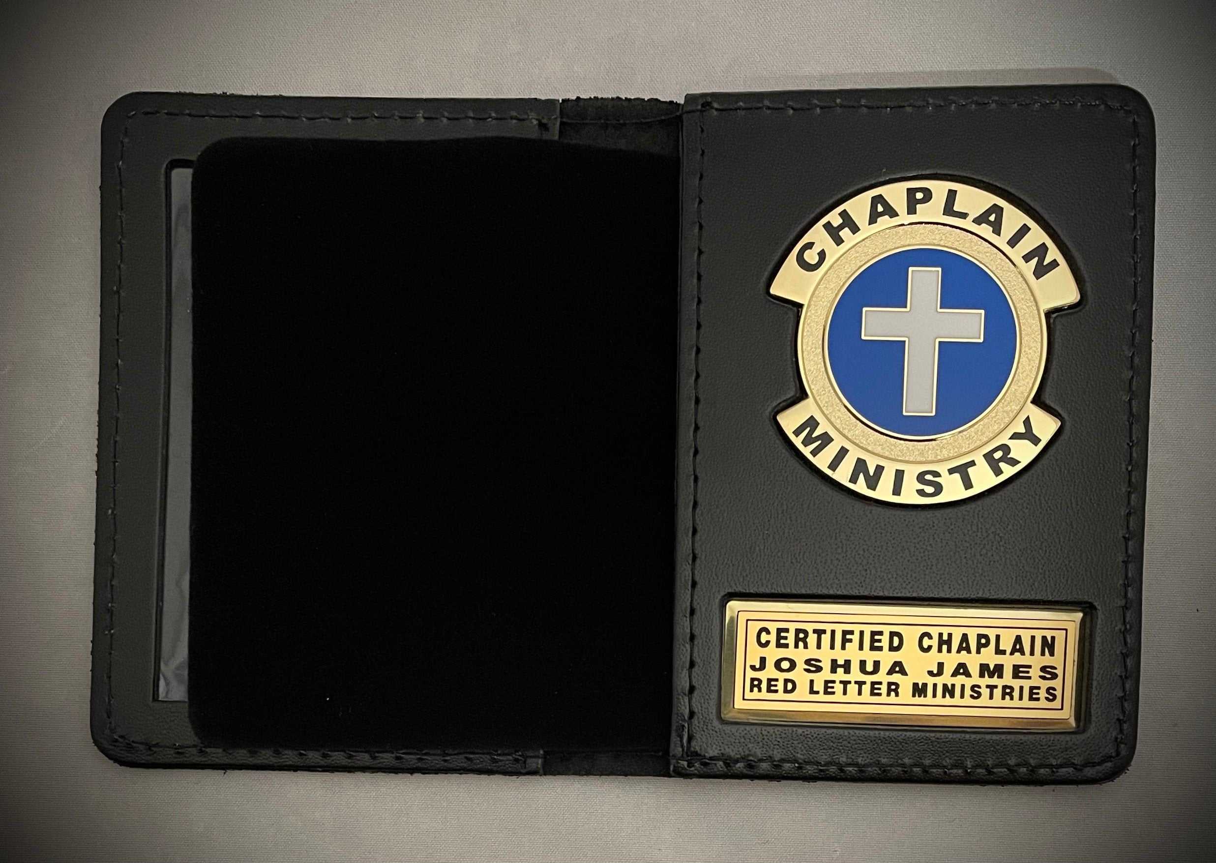 Chaplain Ministry emblem and nameplate with leather ID holder