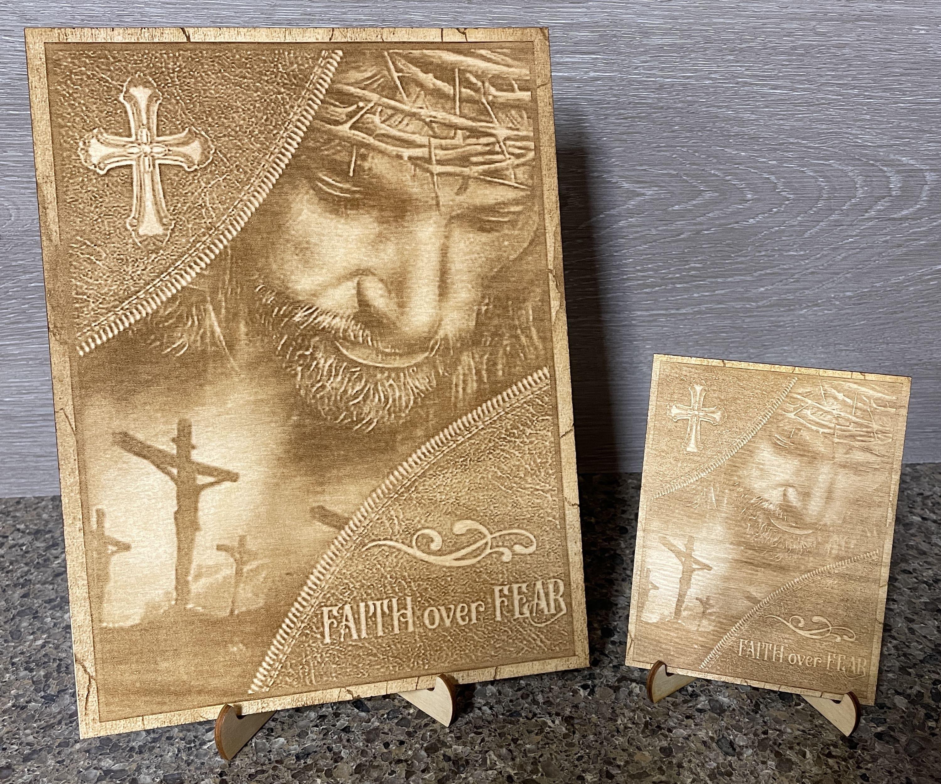 Jesus Faith over Fear Wood Engraving