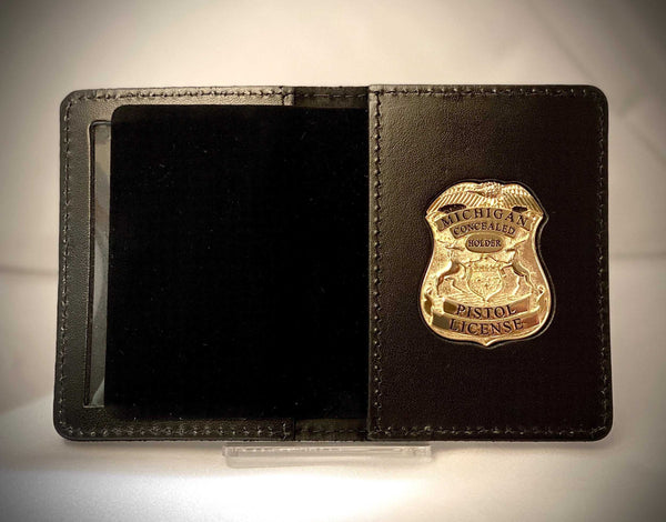 Michigan Concealed Carry Badge with leather ID holder