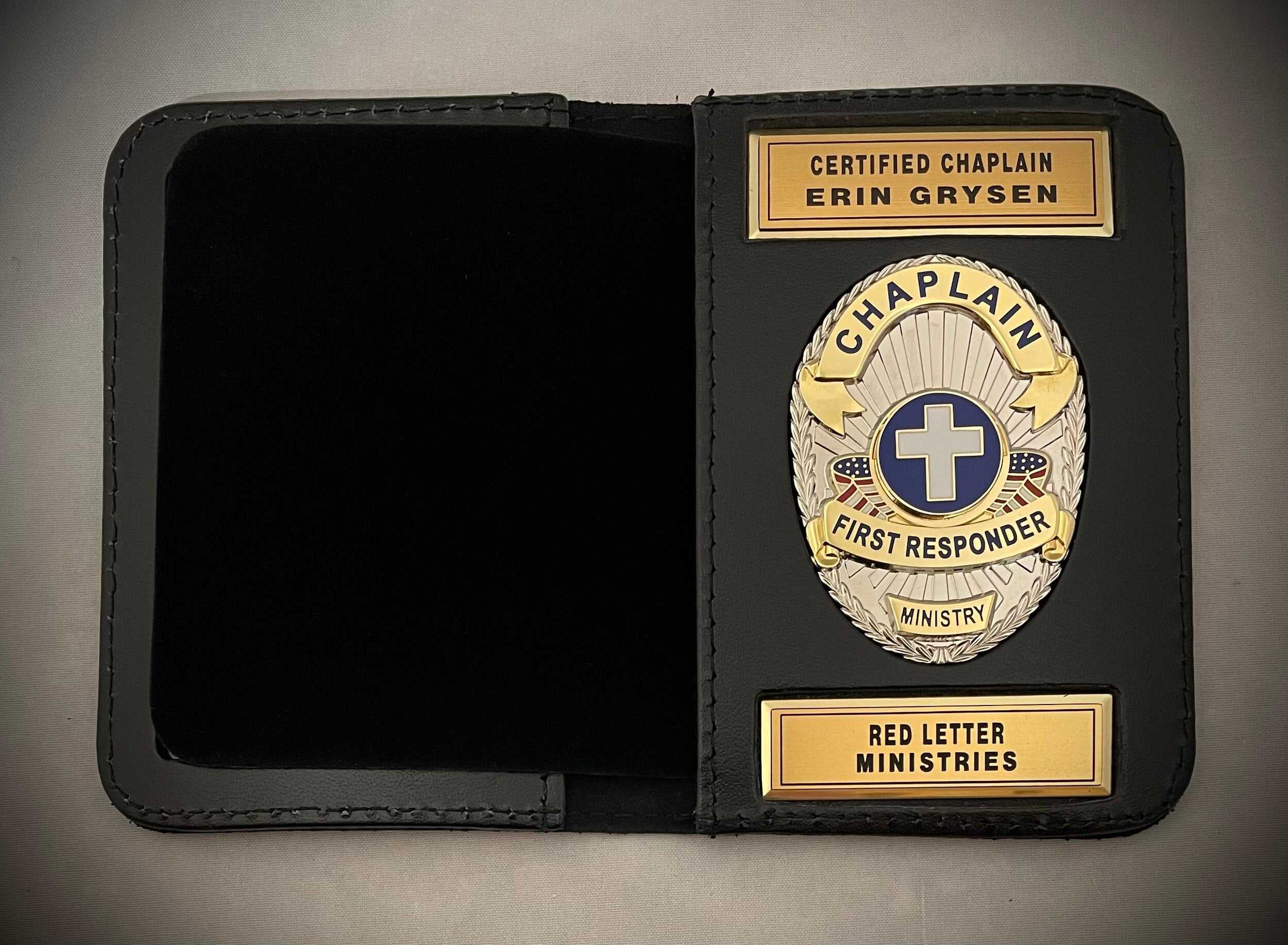 Chaplain First Responder Badge and 2 Nameplates leather ID holder