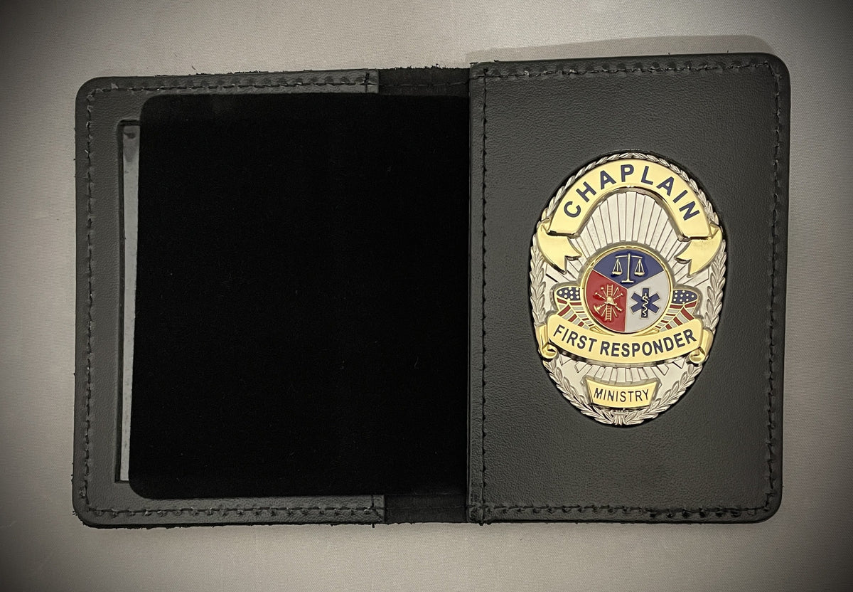 First Bedge Chaplain First Responder Badge and leather ID holder