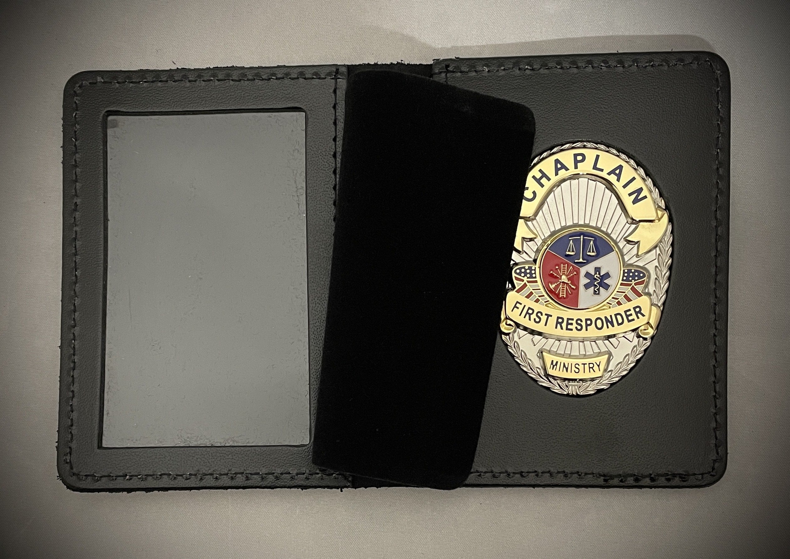 First Bedge Chaplain First Responder Badge and leather ID holder