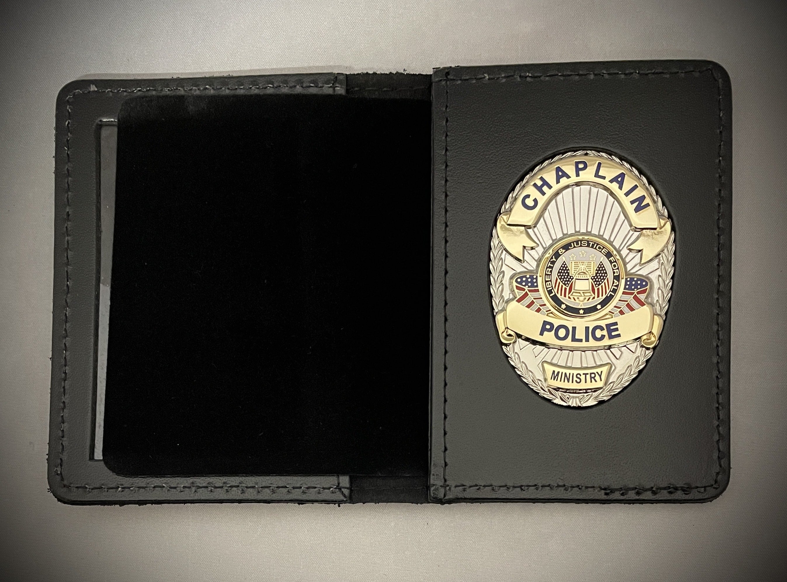 Chaplain Police Badge and Leather ID Holder - Chaplain Badge