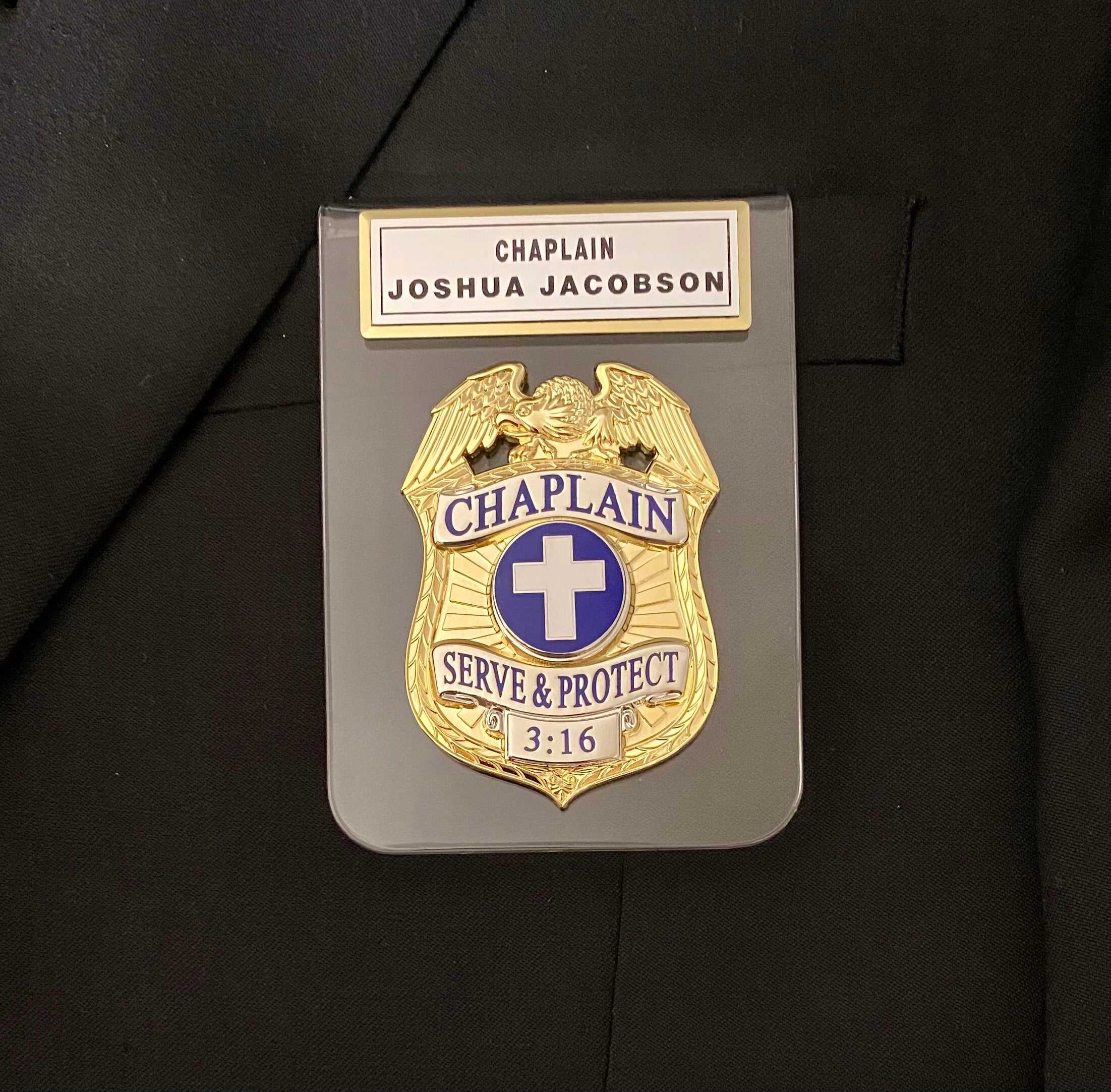 Chaplain Serve and Protect Gold Two-Tone Badge and 2 Nameplates