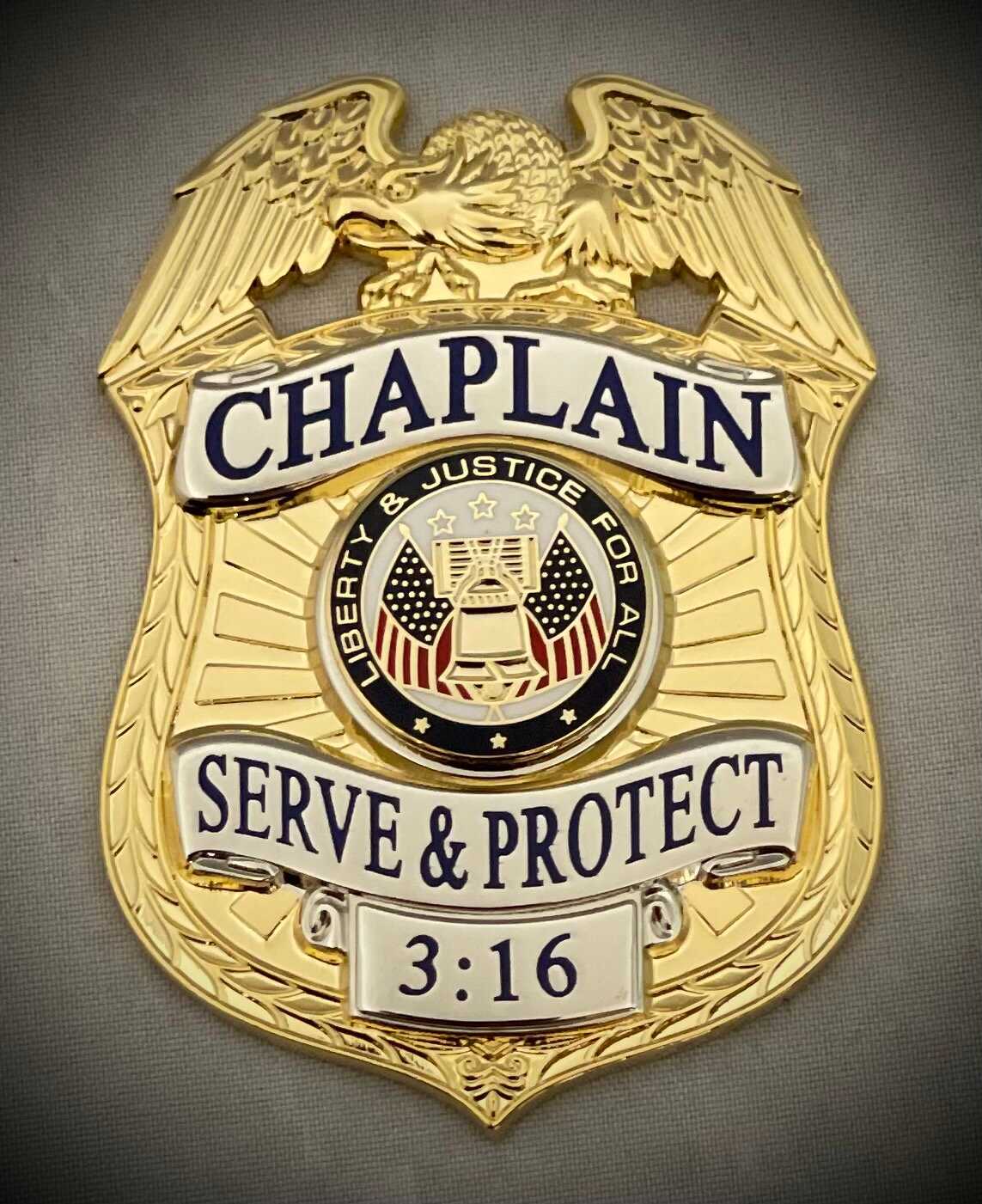 Chaplain Serve and Protect Gold Two-Tone Badge with Black leather belt clip holder