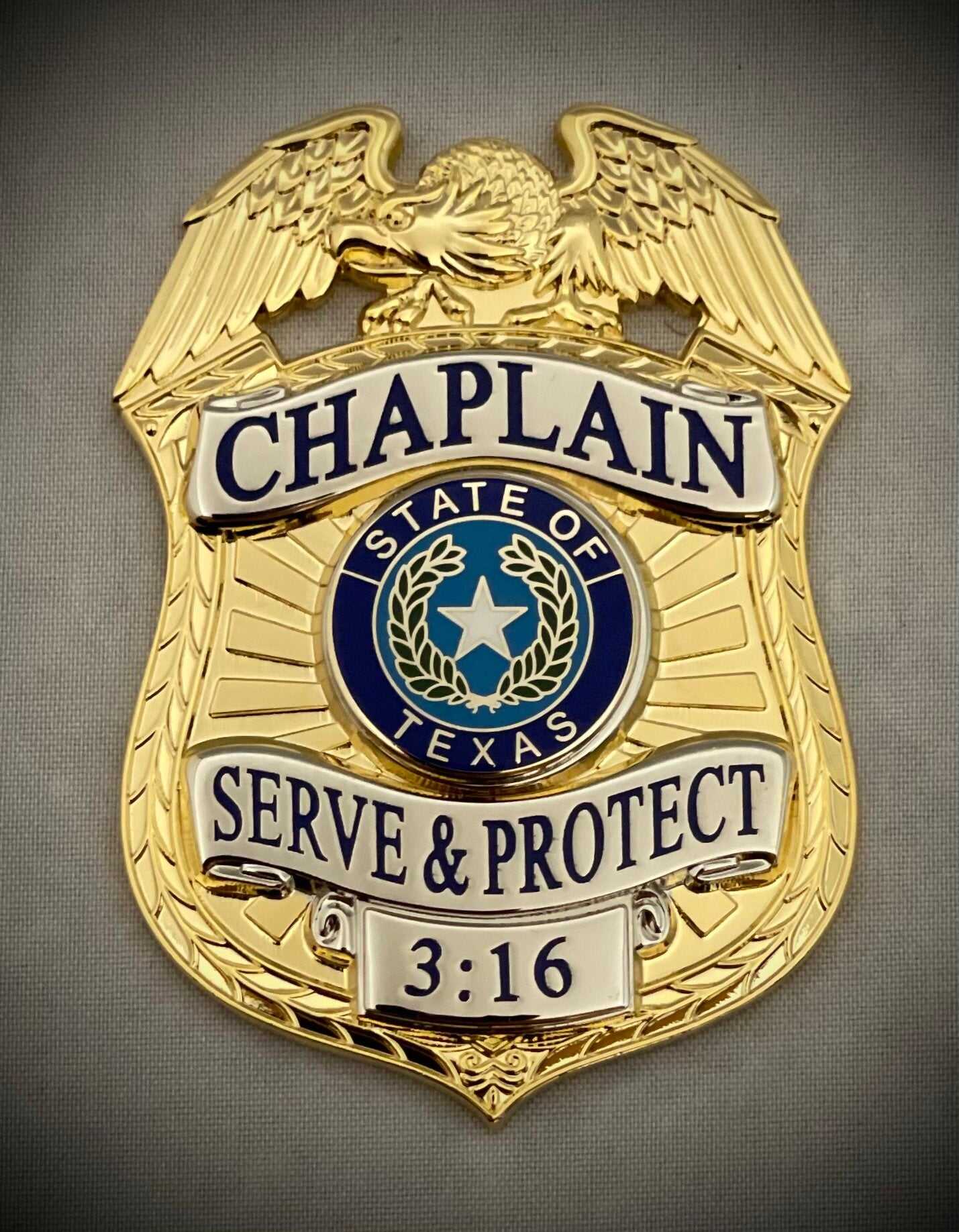 Chaplain Serve and Protect Gold Two-Tone Badge with Black leather belt clip holder