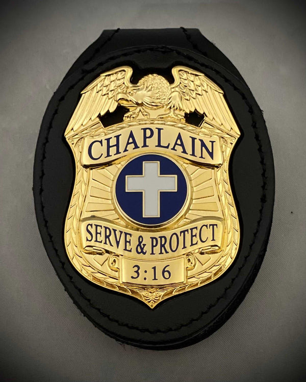 Chaplain Serve and Protect Gold Badge with Black leather belt clip holder