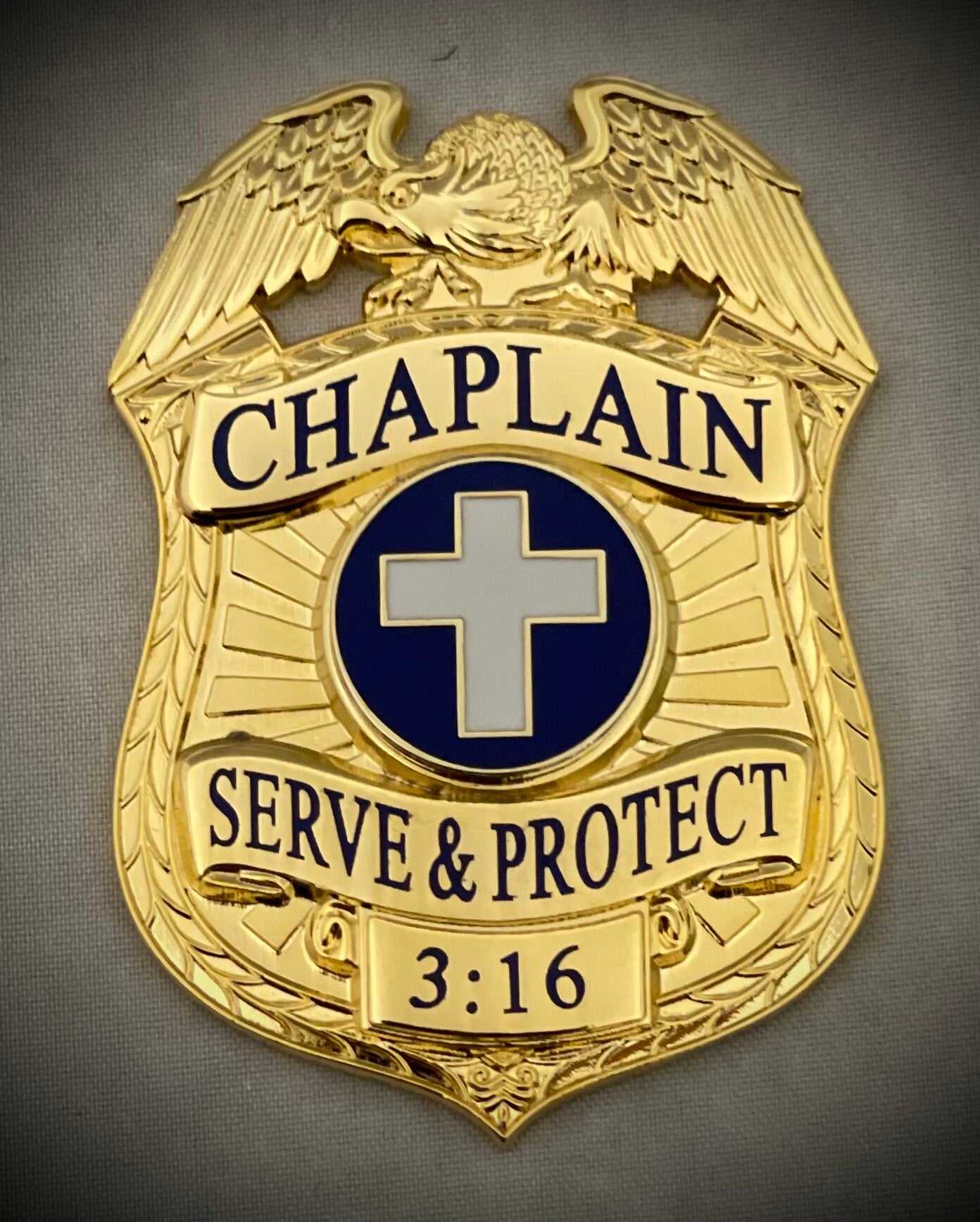 Chaplain Serve and Protect Gold Badge and 2 Nameplates leather ID holder