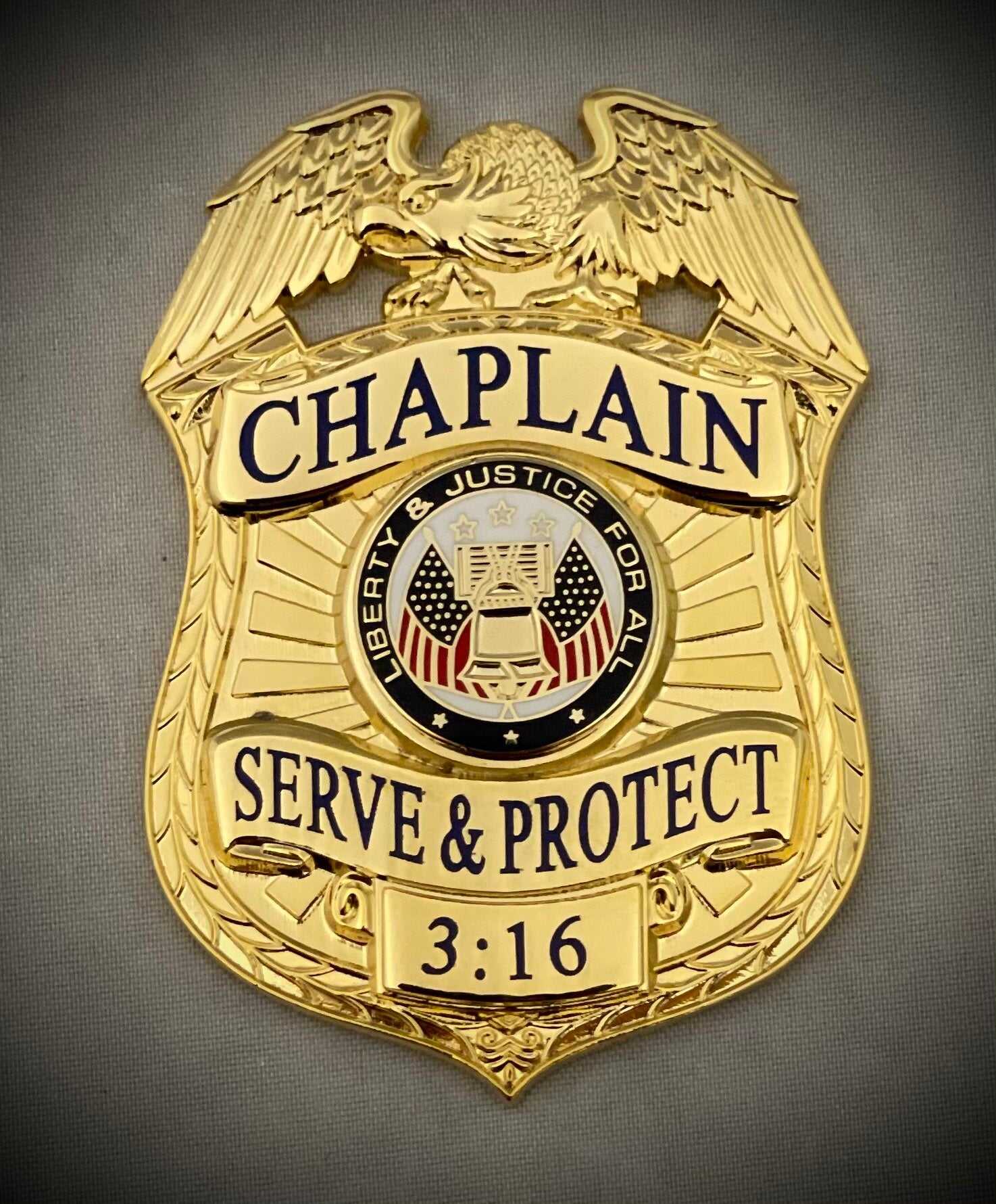 Chaplain Serve and Protect Gold Badge with Black leather belt clip holder