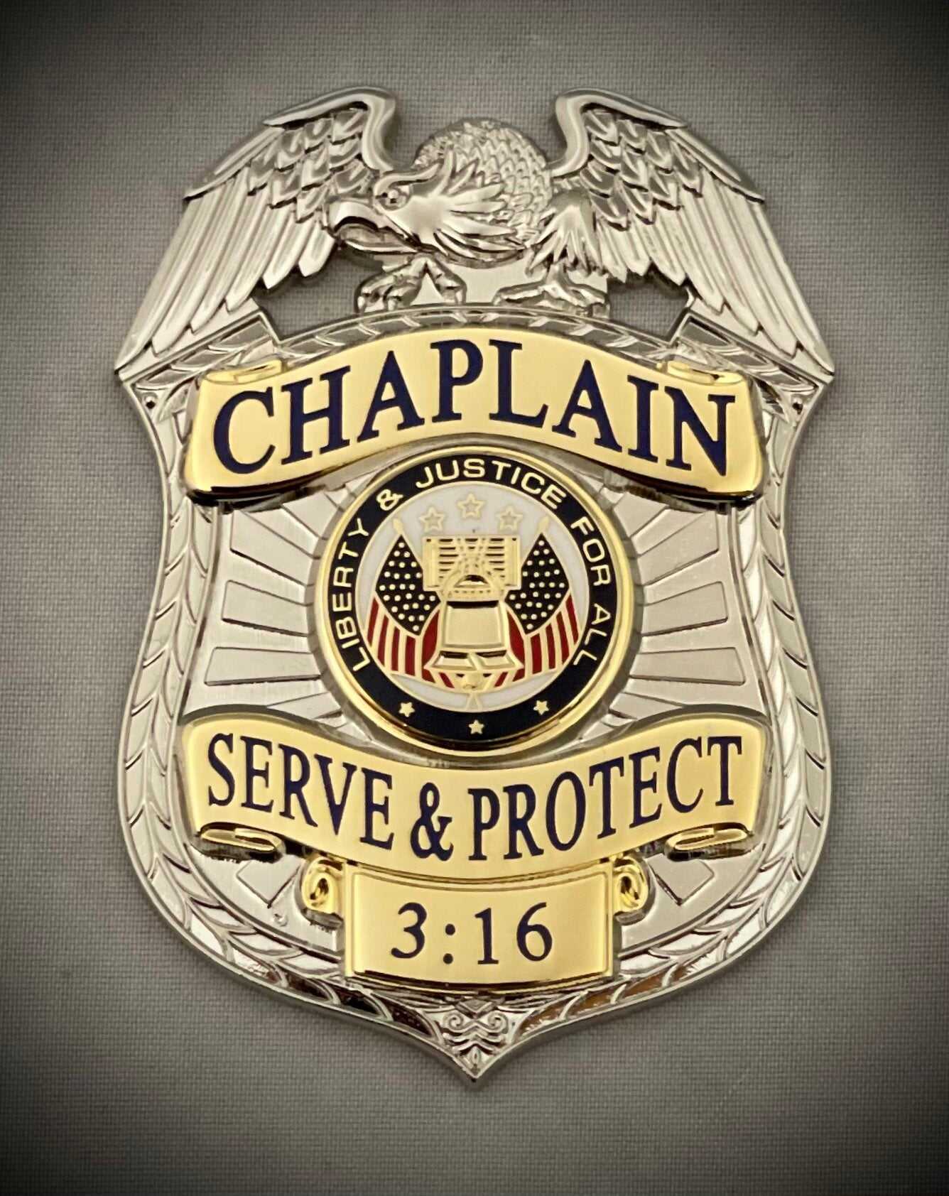 Chaplain Serve and Protect Silver Two-Tone Badge with Black leather belt clip holder