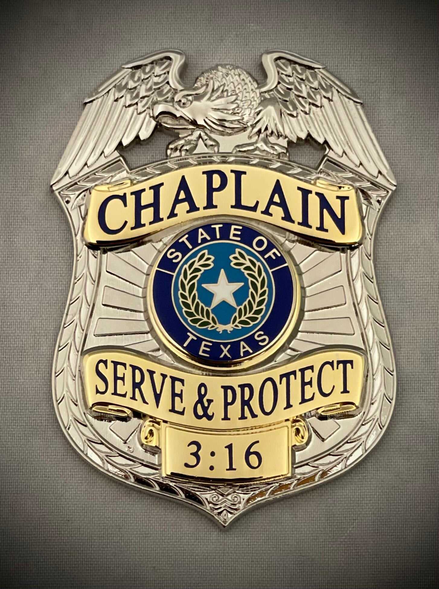 Chaplain Serve and Protect Silver Two-Tone Badge and 2 Nameplates leather ID holder