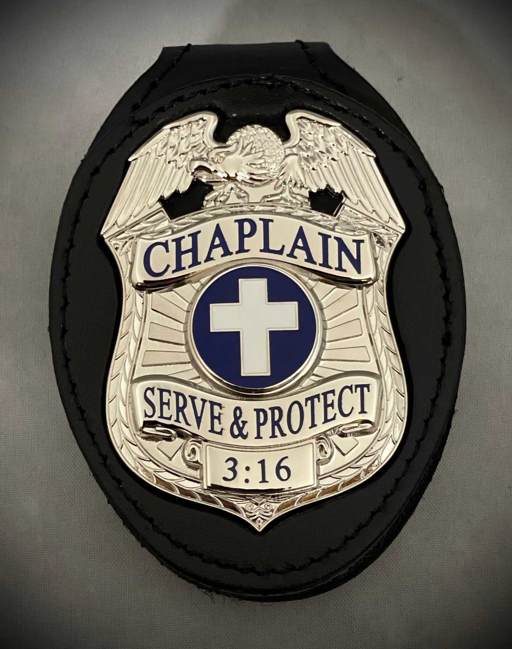 Chaplain Serve and Protect Silver Badge with Black leather belt clip holder