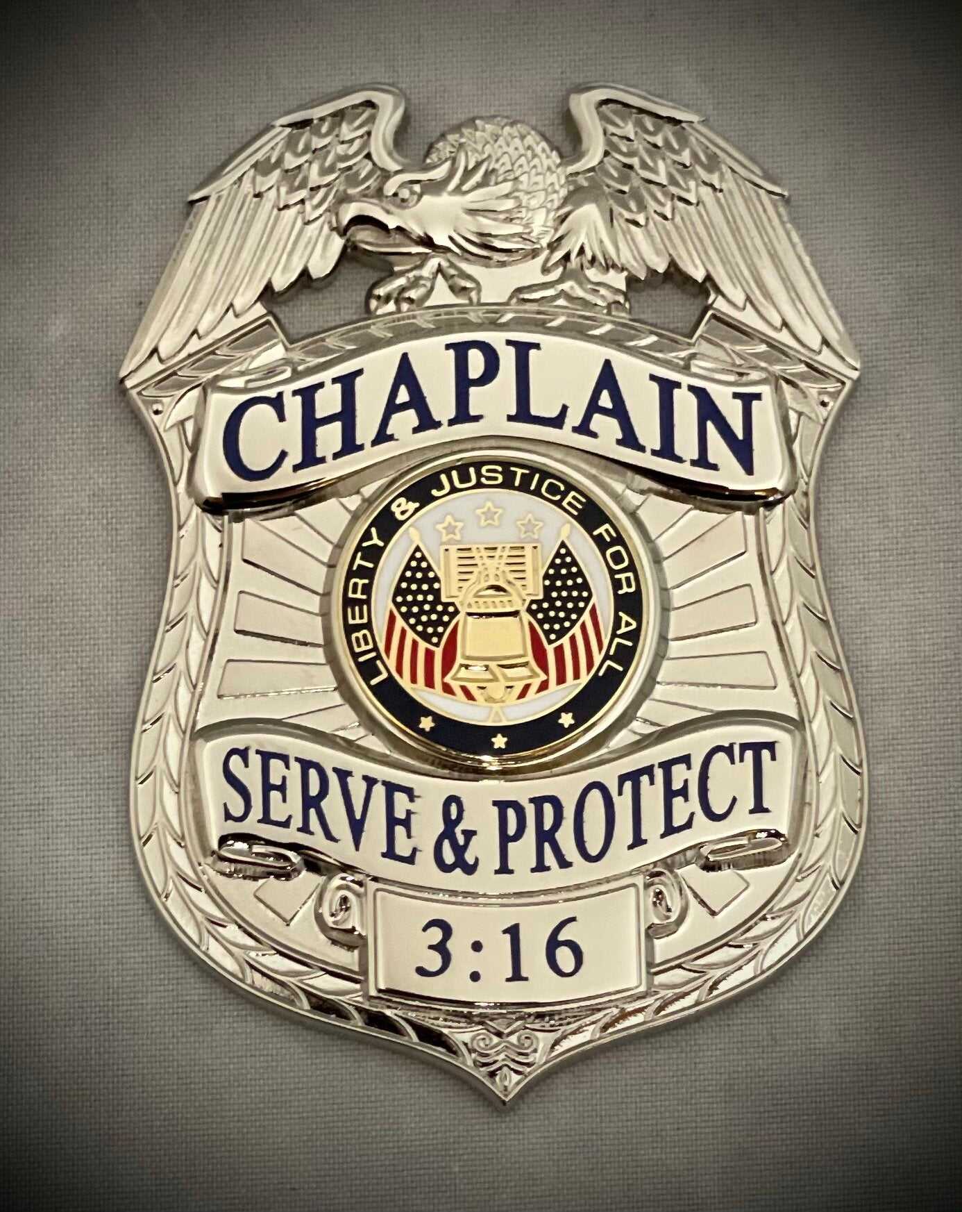 Chaplain Serve and Protect Silver Badge and 2 Nameplates leather ID holder
