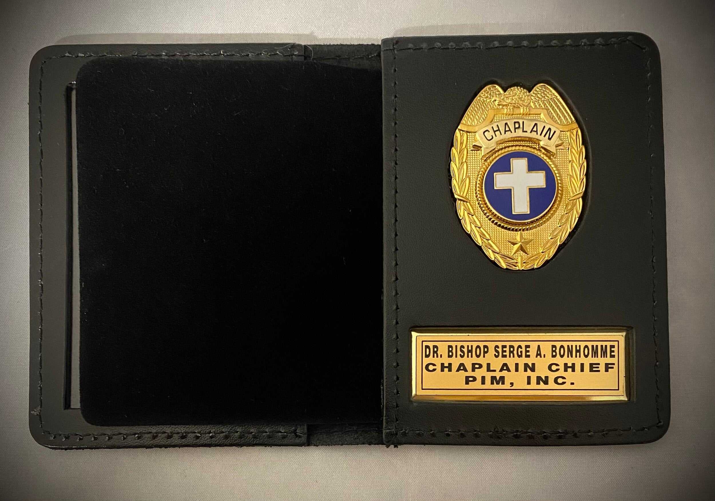Chaplain Standard Shield Badge and Nameplate with leather ID holder