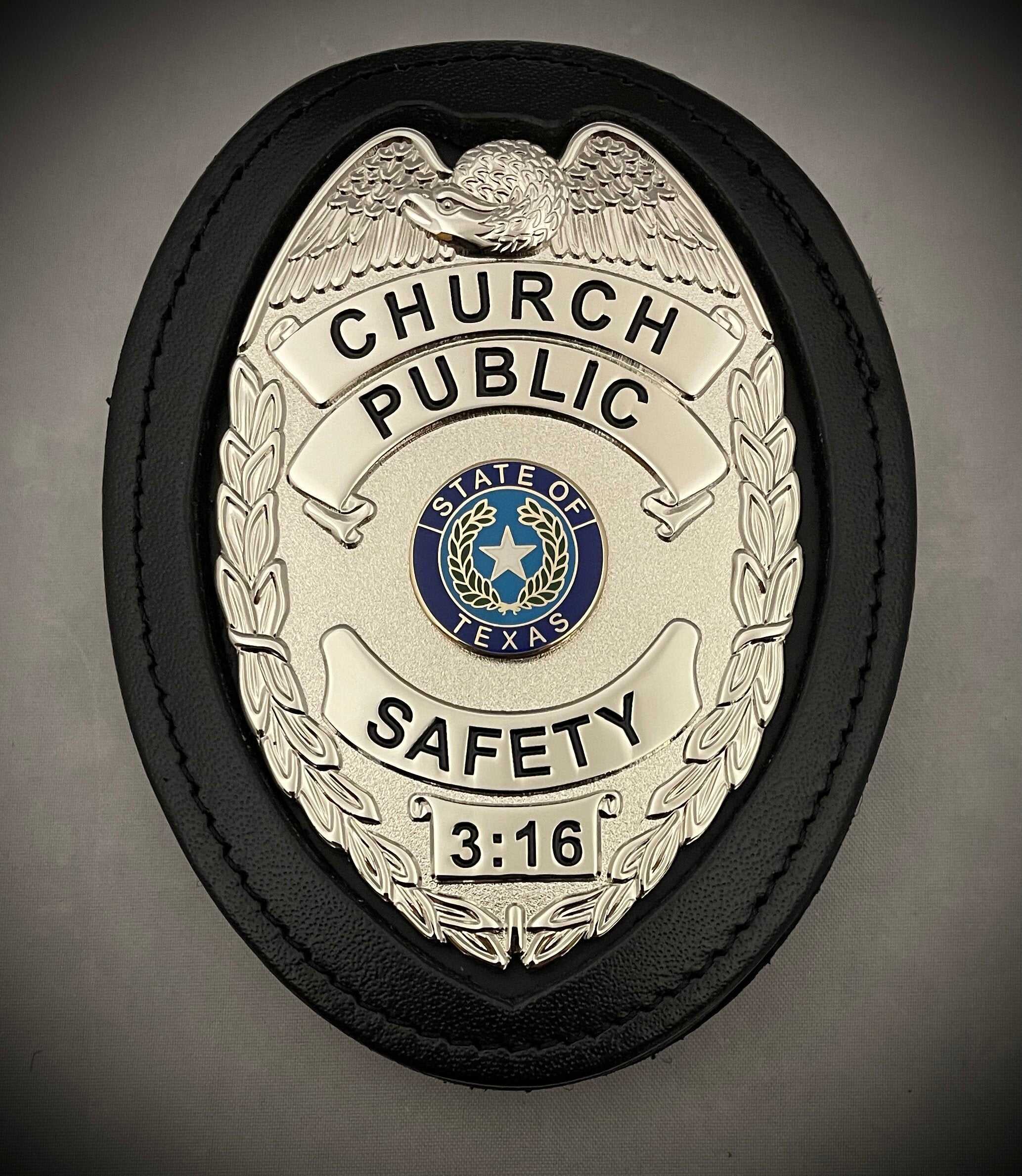 Church Public Safety Badge with leather belt clip holder (Gold or Silver)