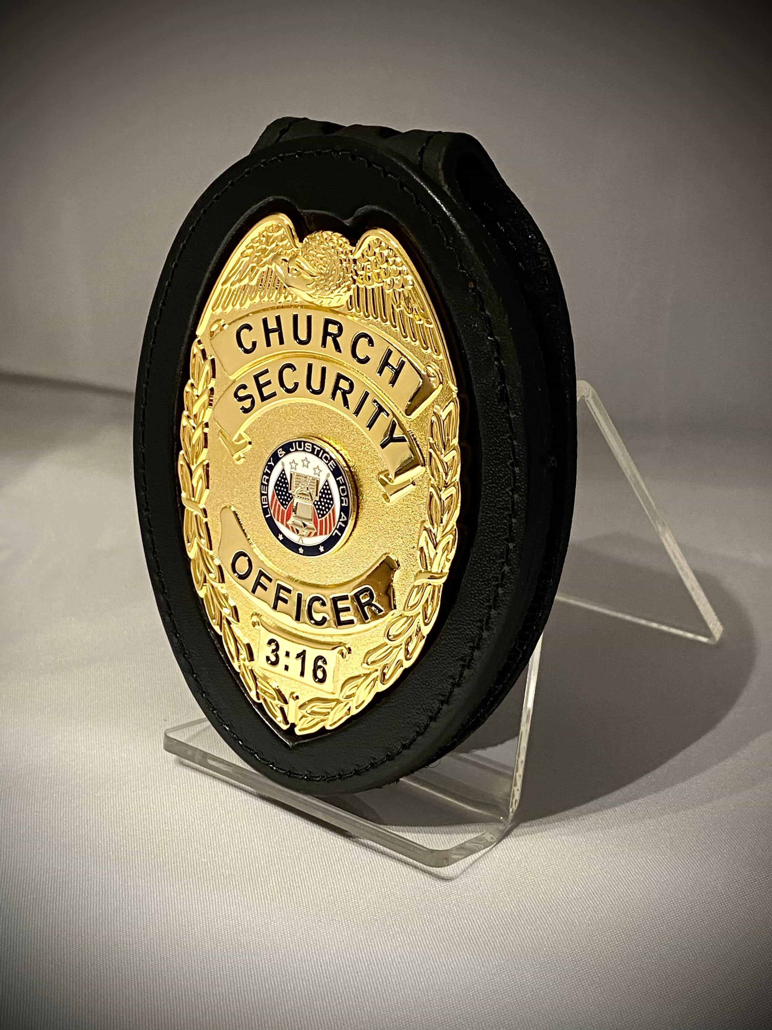Church Security Badge with leather belt clip holder (Gold or Silver)
