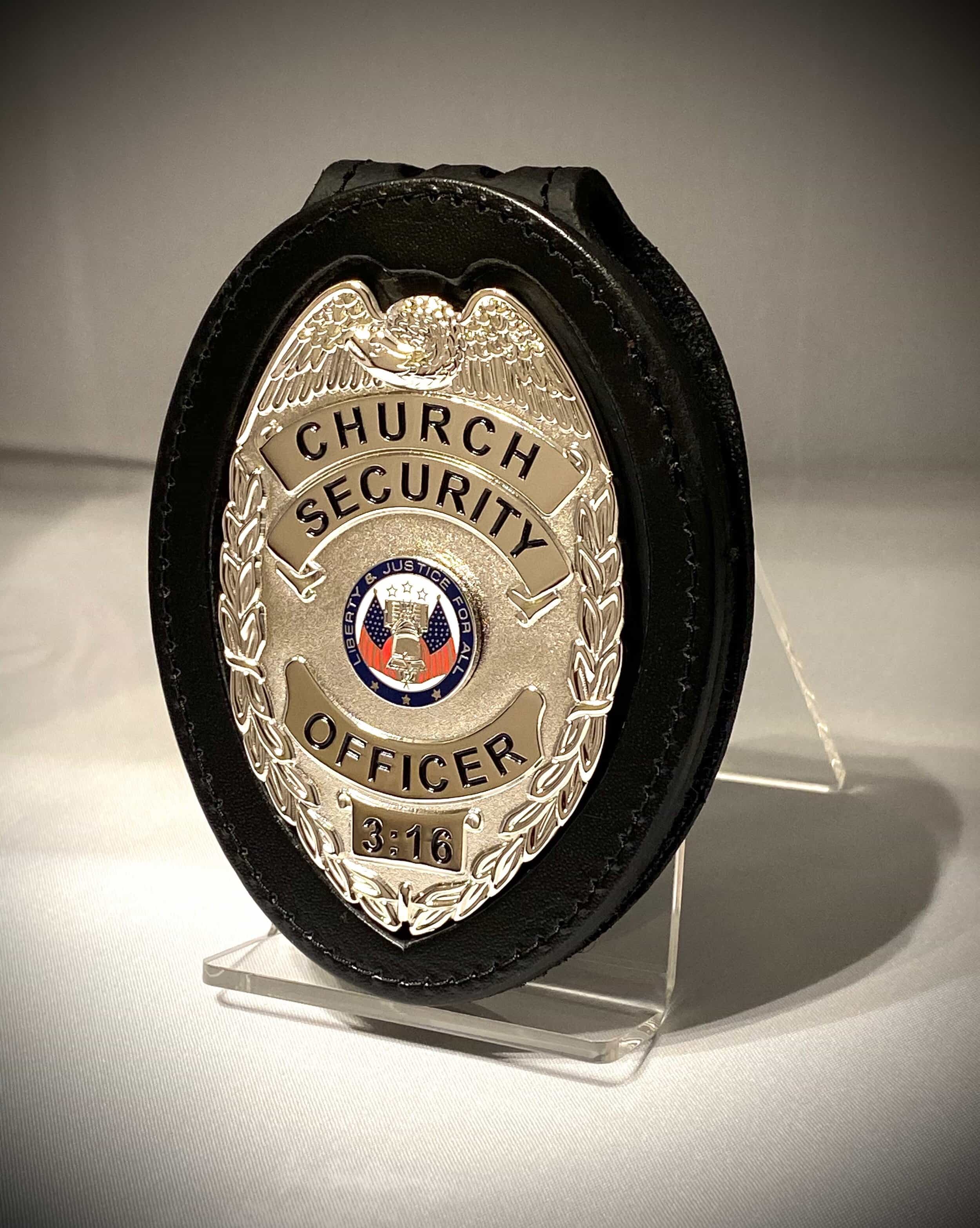 Church Security Badge with leather belt clip holder (Gold or Silver)