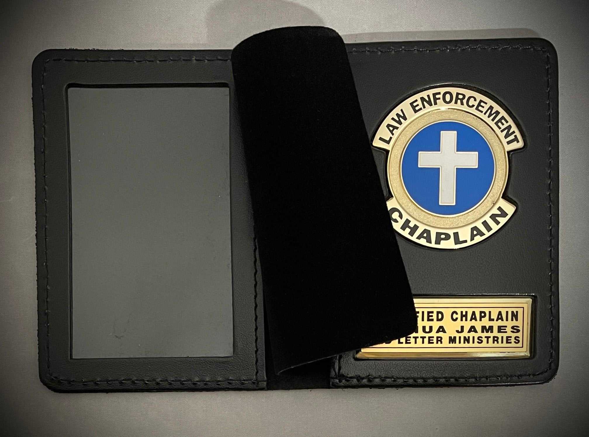 Chaplain Law enforcement emblem and nameplate with leather ID holder