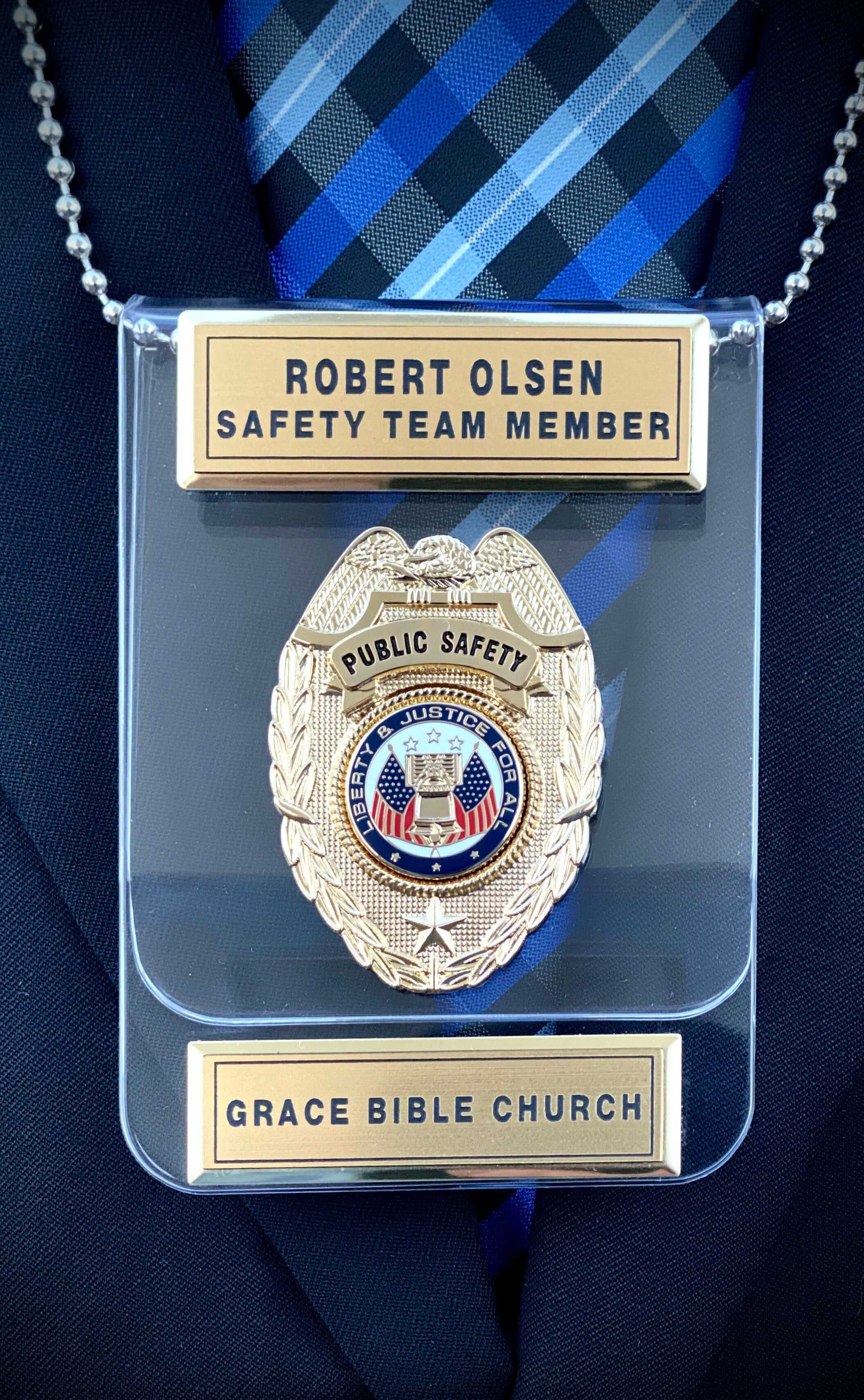 Security Badge Standard Shield (Acrylic Holder), Flat Style Plastic with Push Pins / Gold - Chaplain Badge